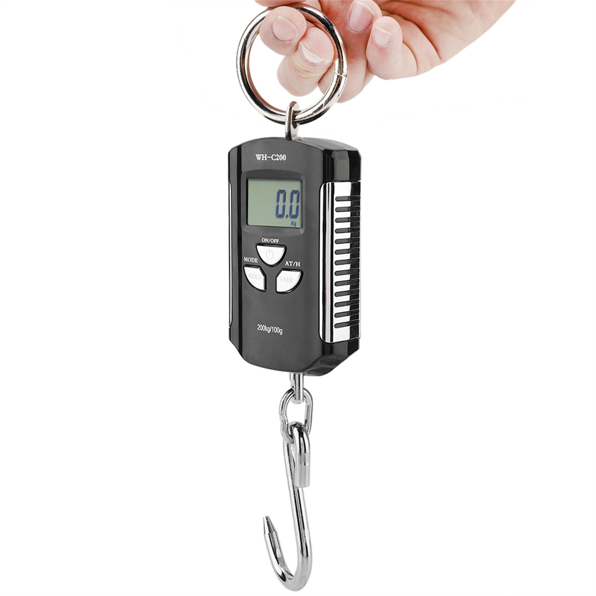 Digitale Hängewaage. Anzeige zeigt 0,0 kg. Die Waage hat einen Haken zum Aufhängen.