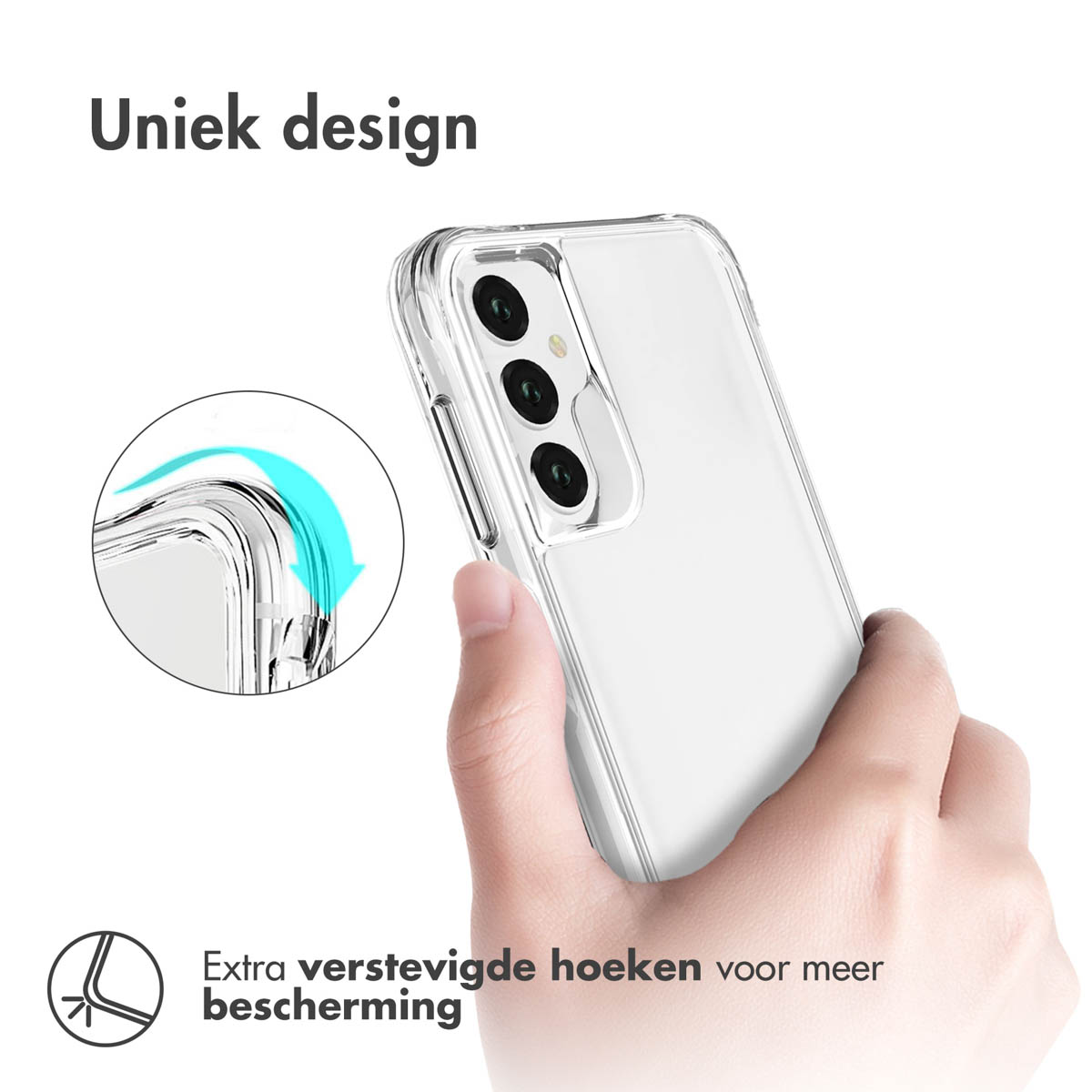 Hand die een doorzichtige telefoonhoes vasthoudt. Tekst: extra versterkte hoeken voor meer bescherming.
