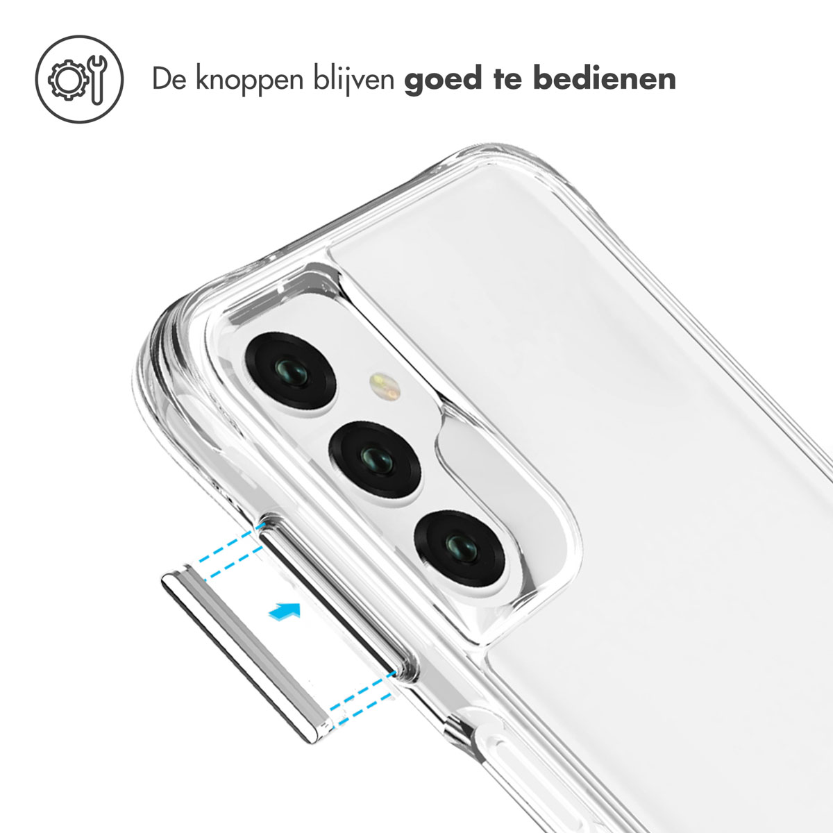 Een doorzichtige telefoonhoes met een telefoon erin. De achtergrond is wit en blauw.