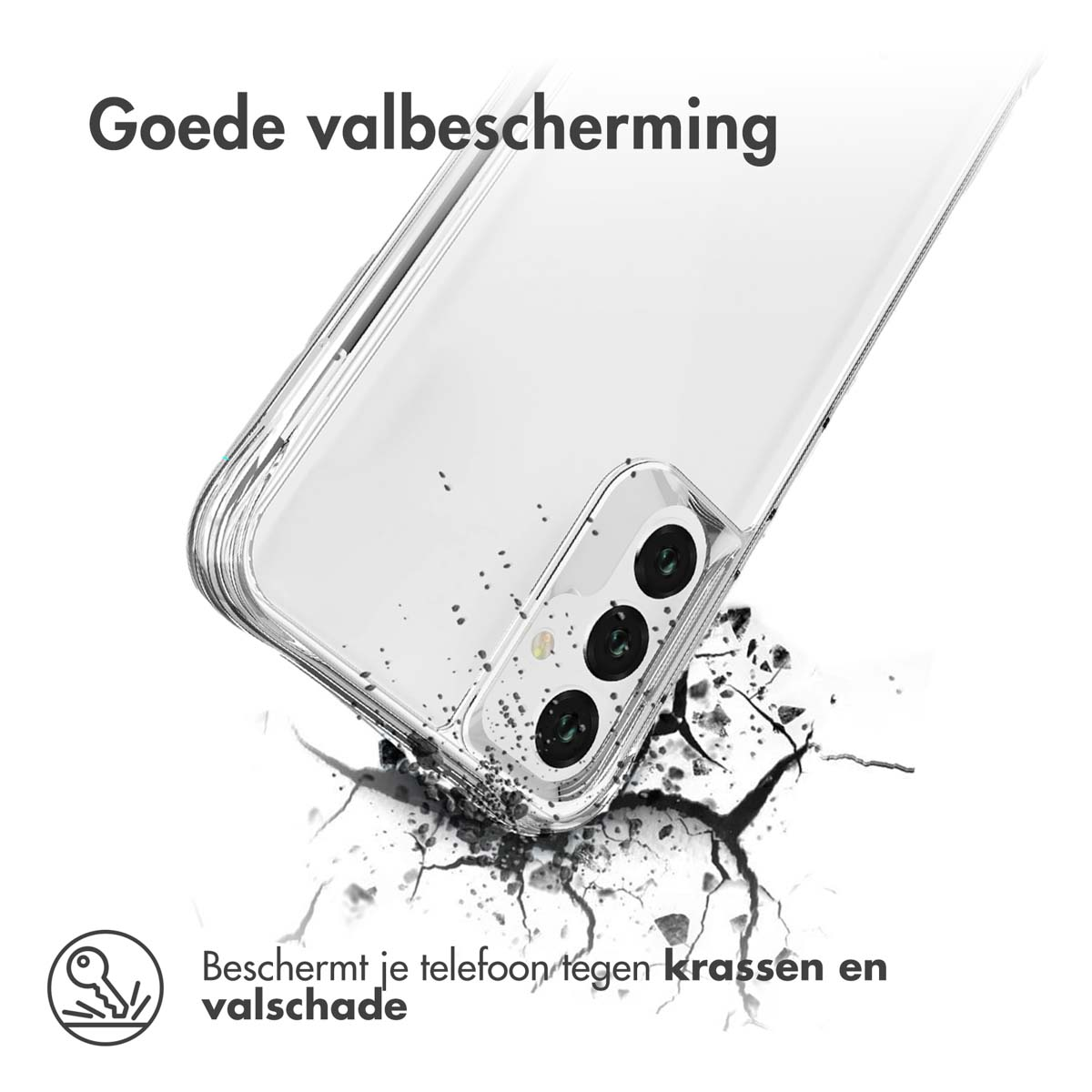 Transparante telefoonhoes op witte ondergrond, tekst over valbescherming, telefoon gebarsten.