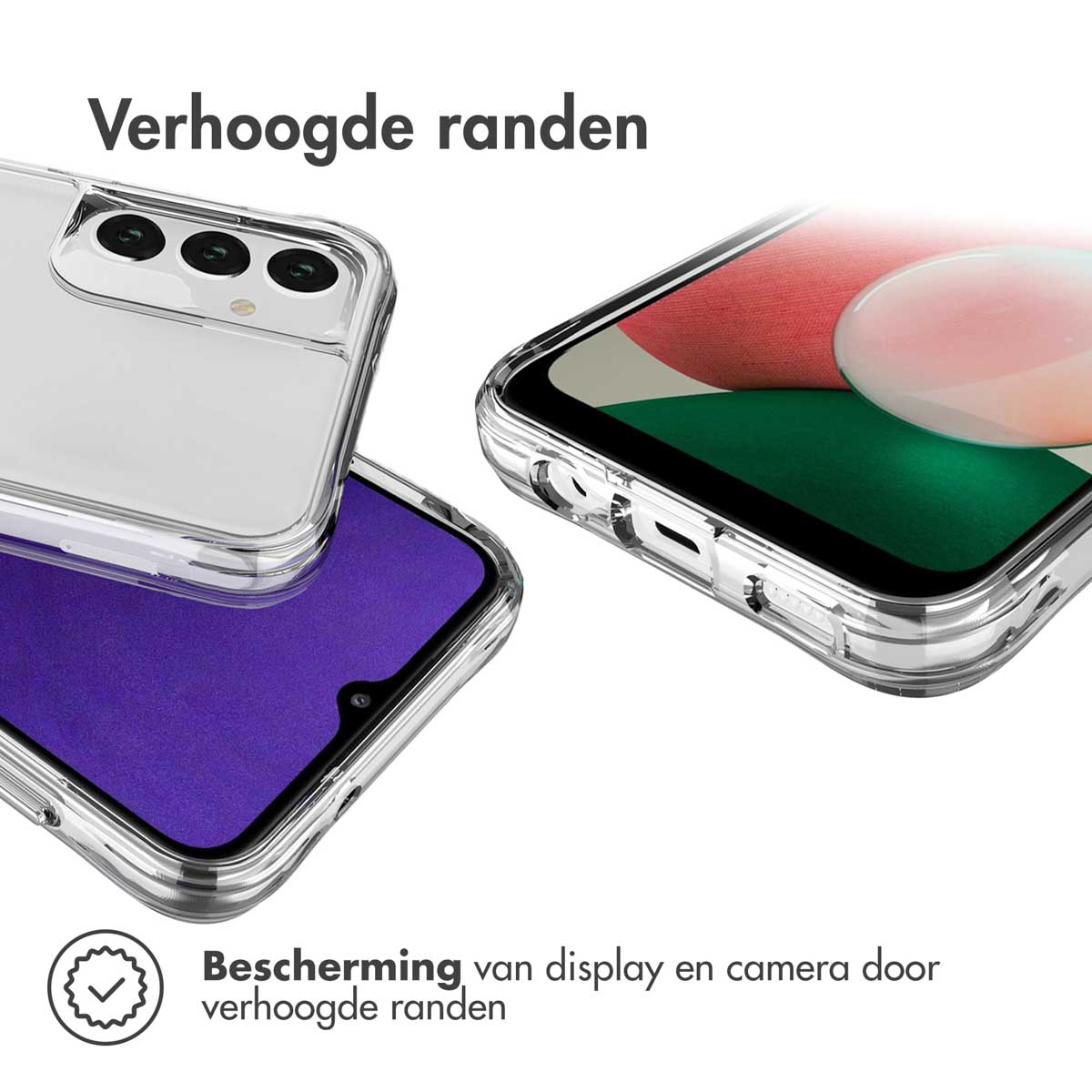 Telefoon en hoes. Display- en camerabescherming. Displaybescherming, verhoogde randen.