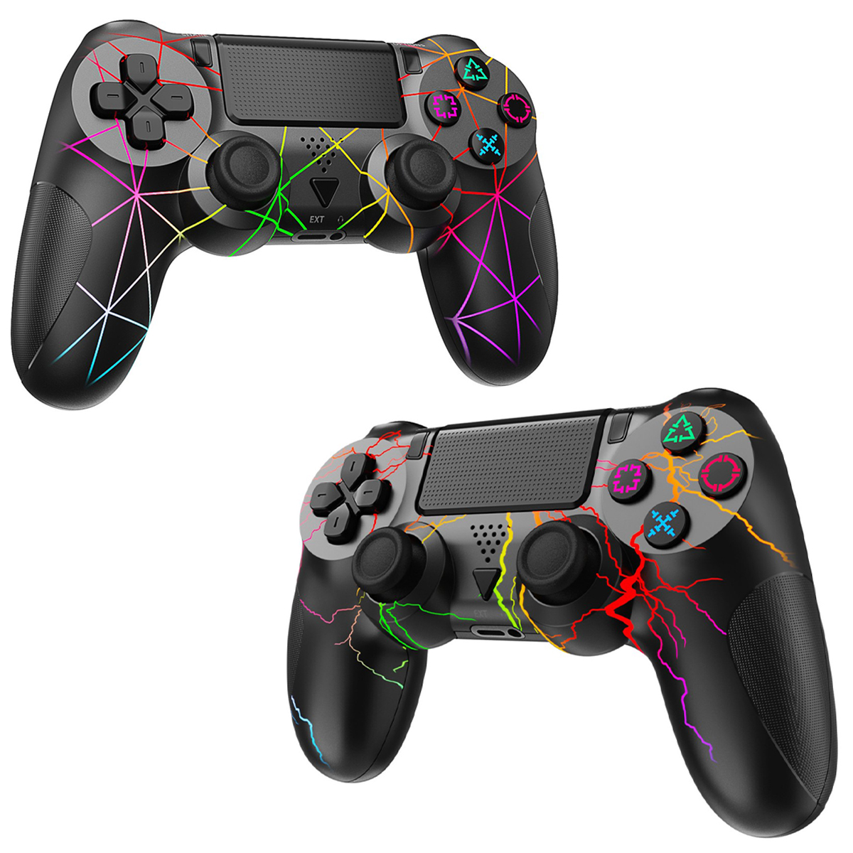 Zwei schwarze Gamecontroller mit bunten Mustern. Weißer Hintergrund.