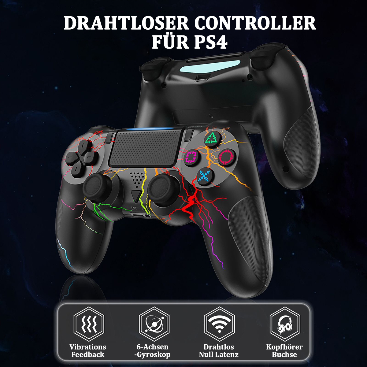 Zwei schwarze Gamecontroller mit bunten Knöpfen, Text: Drahtloser Controller.