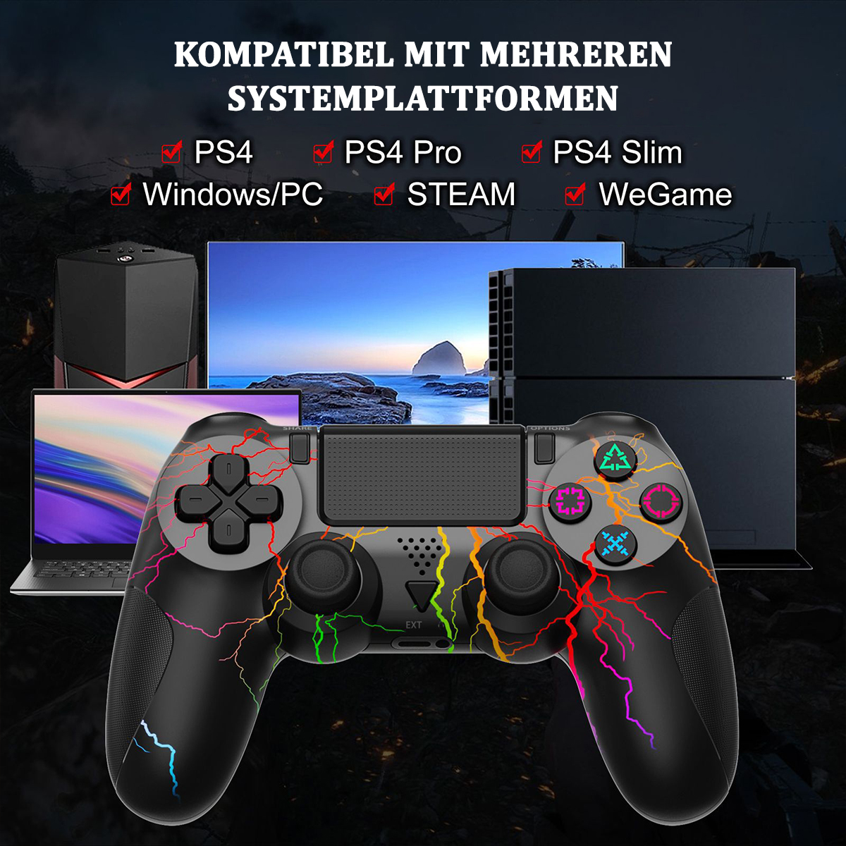 Controller mit farbenfrohem Blitzdesign, kompatibel mit PS4, PS4 Pro usw.