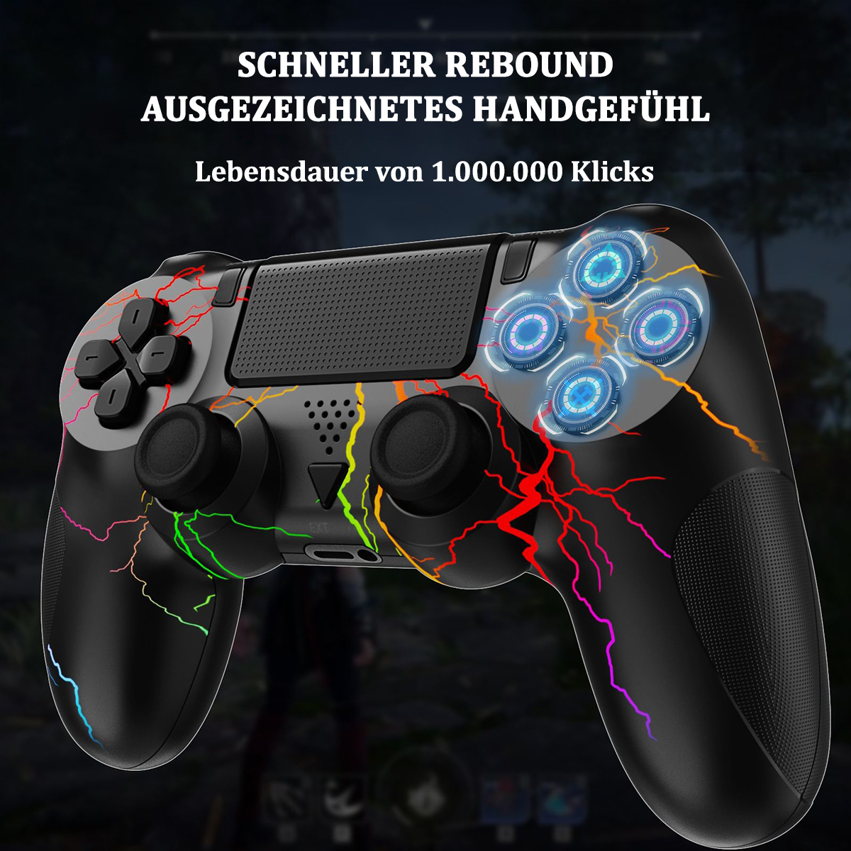 Schwarzer Gamecontroller mit Text und leuchtenden blauen Lichtern auf Knöpfen und Rissen.