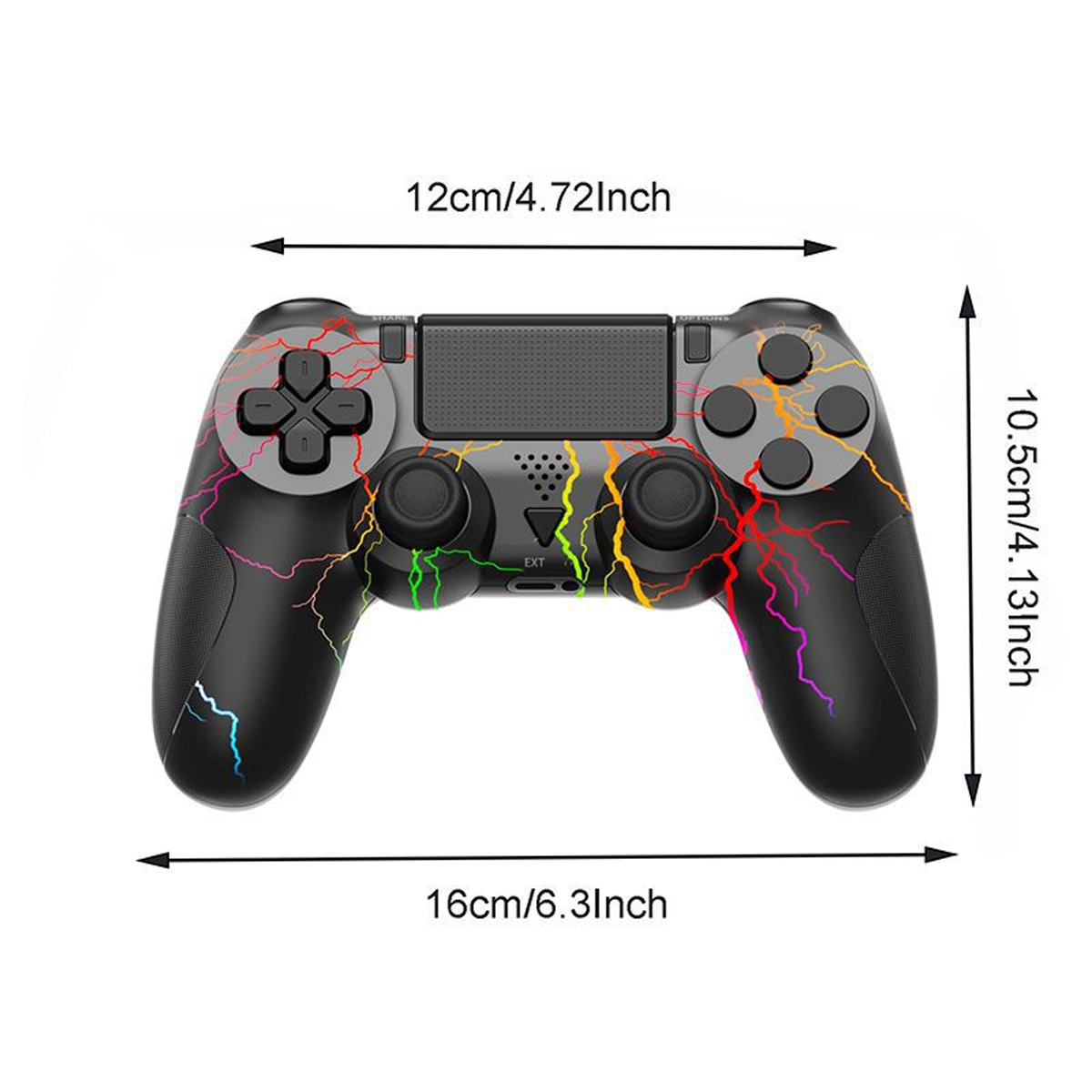 Schwarzer Gamecontroller mit Blitzdesign und Maßen.