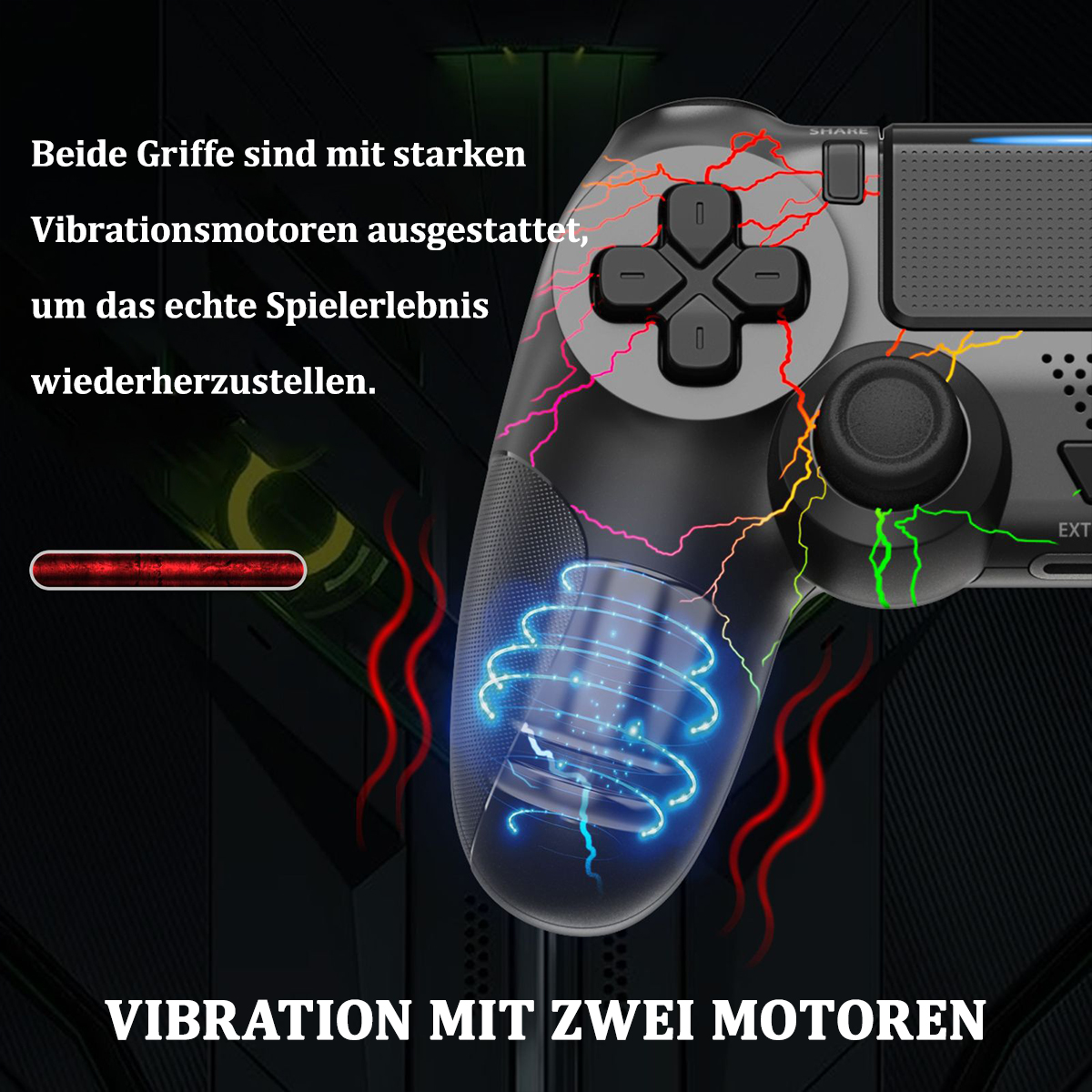 Schwarzer Gamecontroller mit roten und blauen Linien. Text: Vibration mit zwei Motoren.