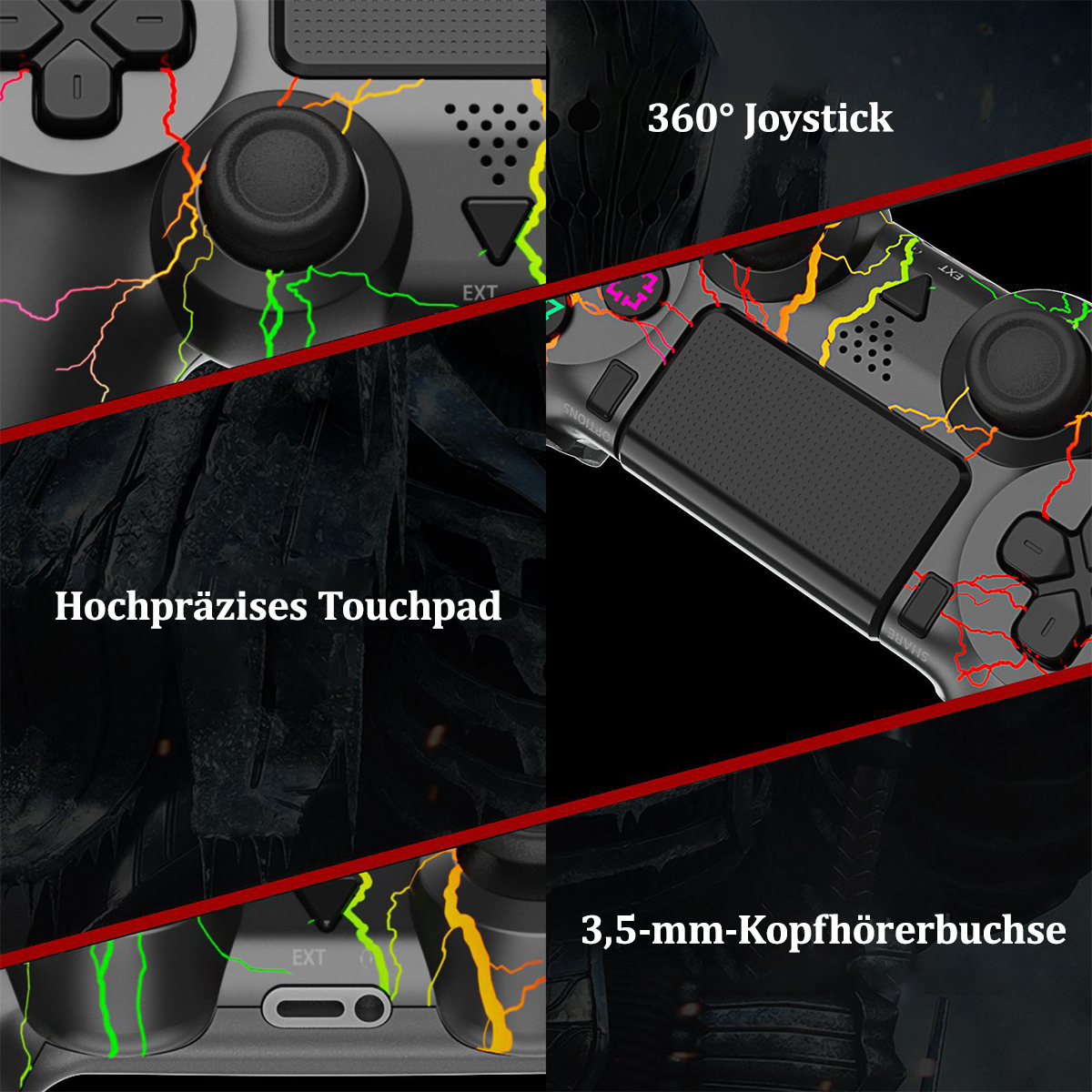 Nahaufnahme eines schwarz-grauen Gaming-Controllers mit 360°-Joystick und Touchpad.