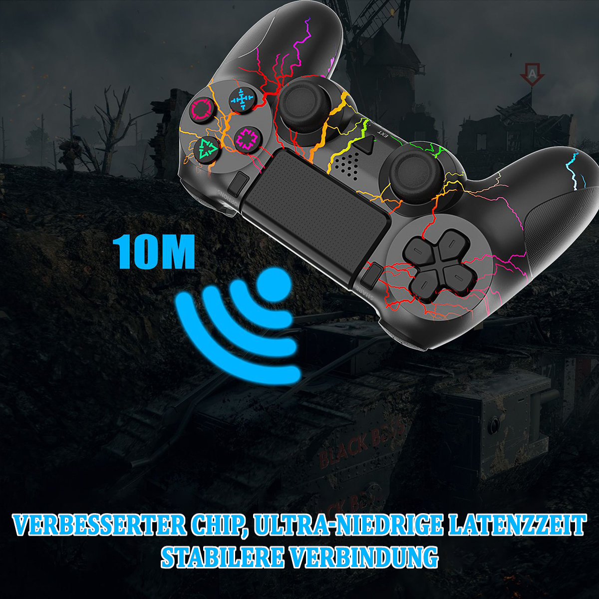 Schwarzer Controller mit Blitzdesign, Knöpfen und Text: '10M'. Text unten.