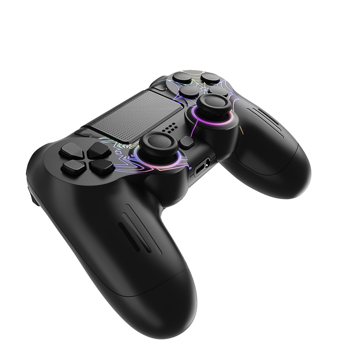 Controller di gioco nero con pulsanti multicolore su sfondo bianco.