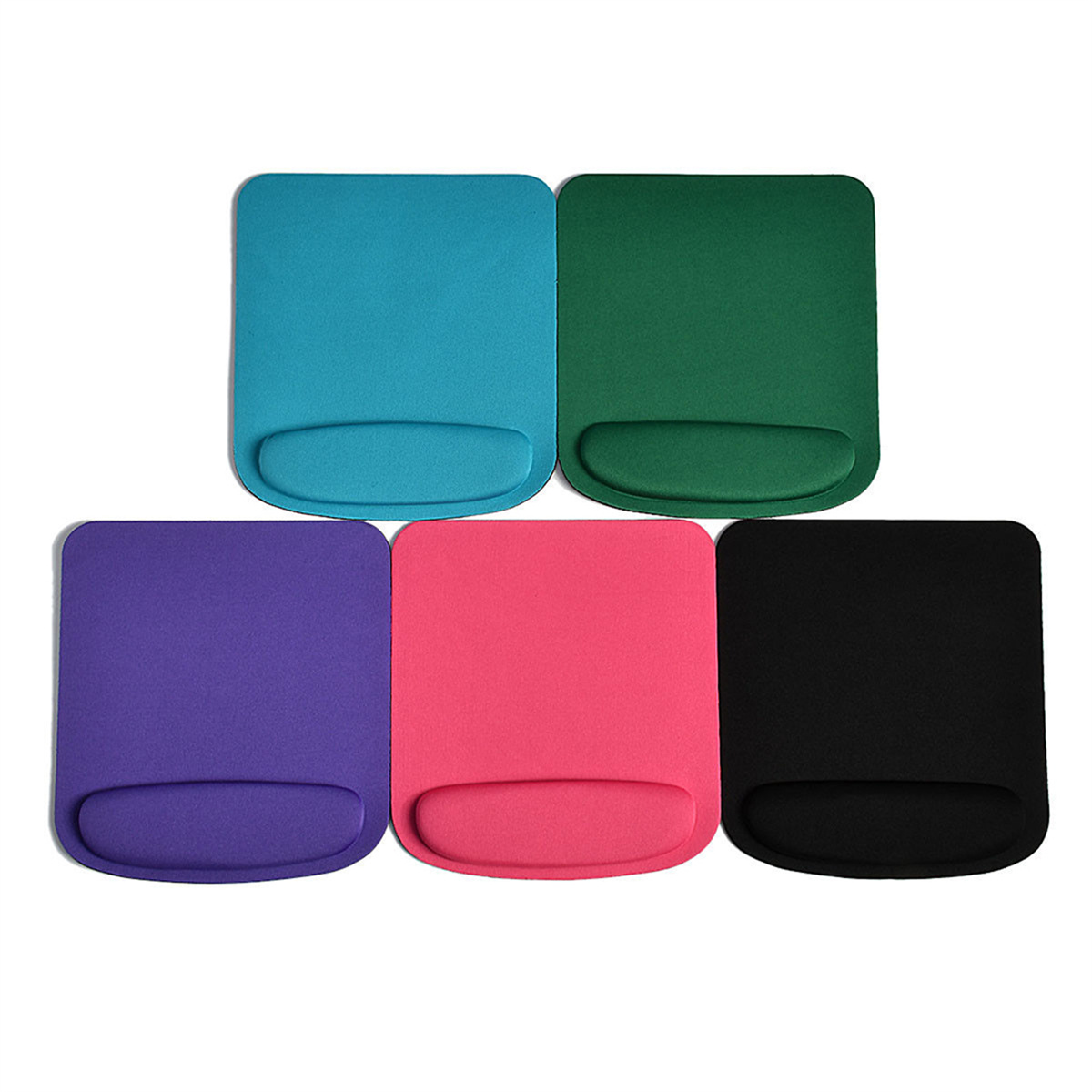 Set aus fünf Mauspads in verschiedenen Farben: Türkis, Grün, Lila, Rosa und Schwarz.