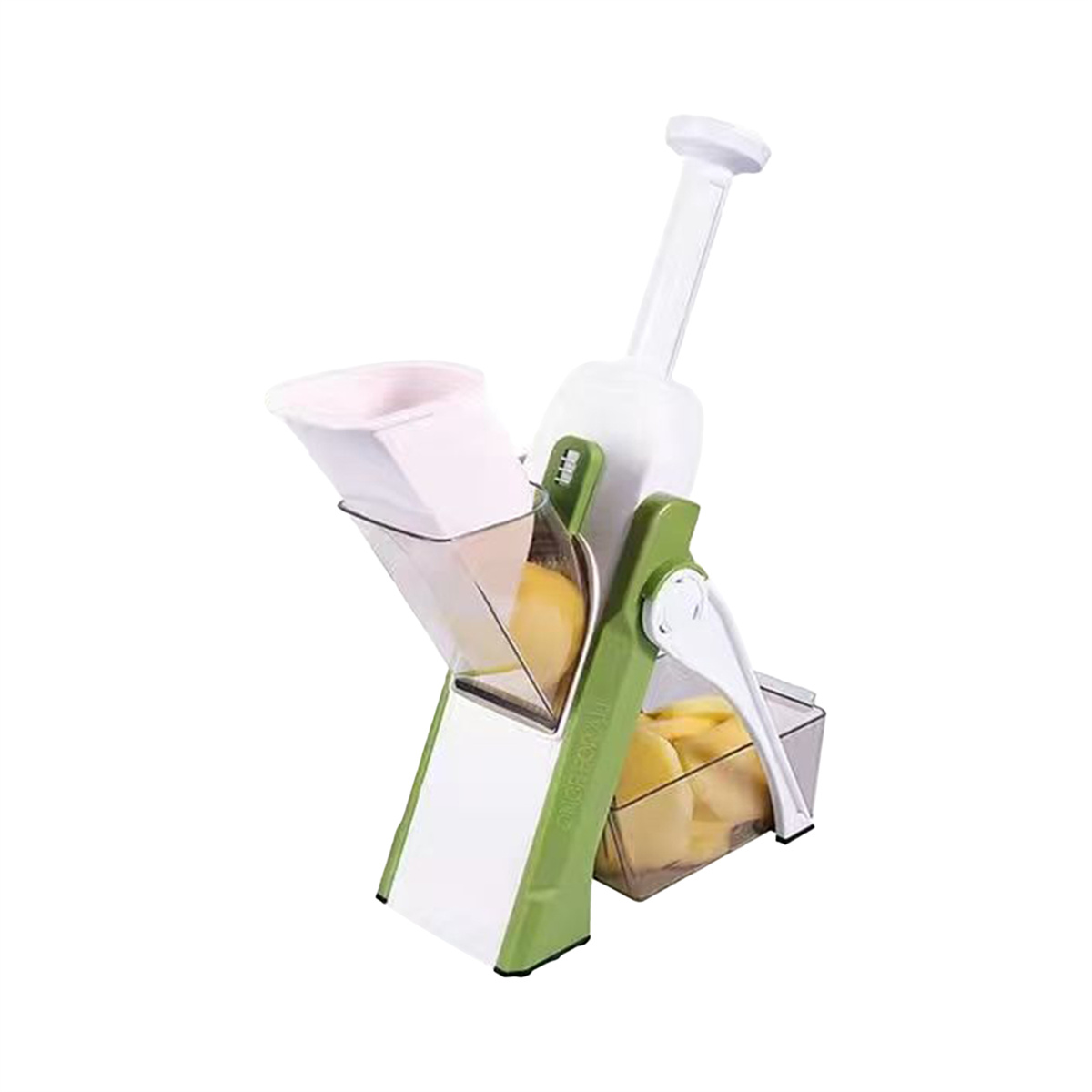 Ein weißer und grüner Gemüseschneider mit geschnittenen Kartoffeln in einem durchsichtigen Behälter.