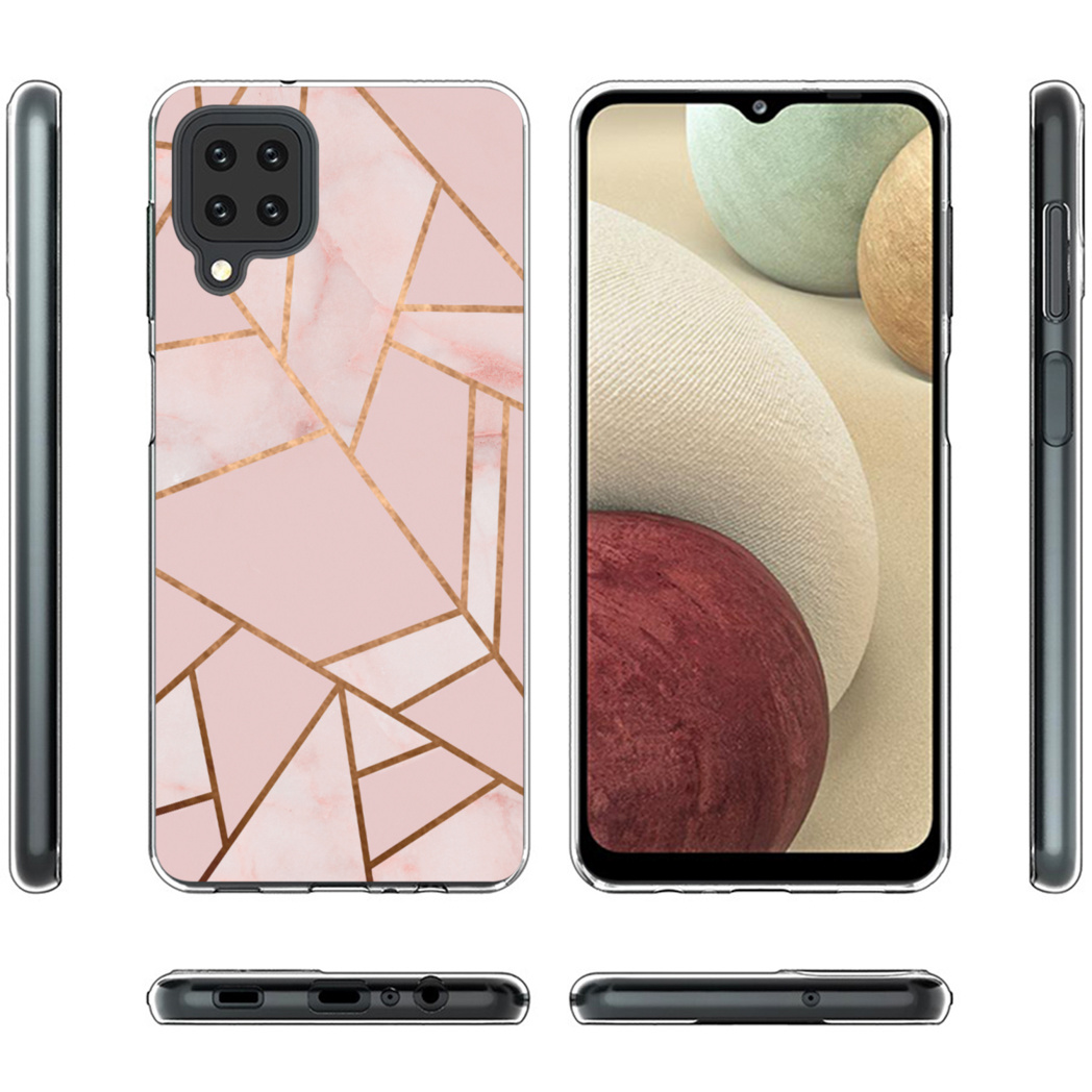 Roze telefoonhoesje met geometrisch ontwerp en telefoon. Verschillende aanzichten.