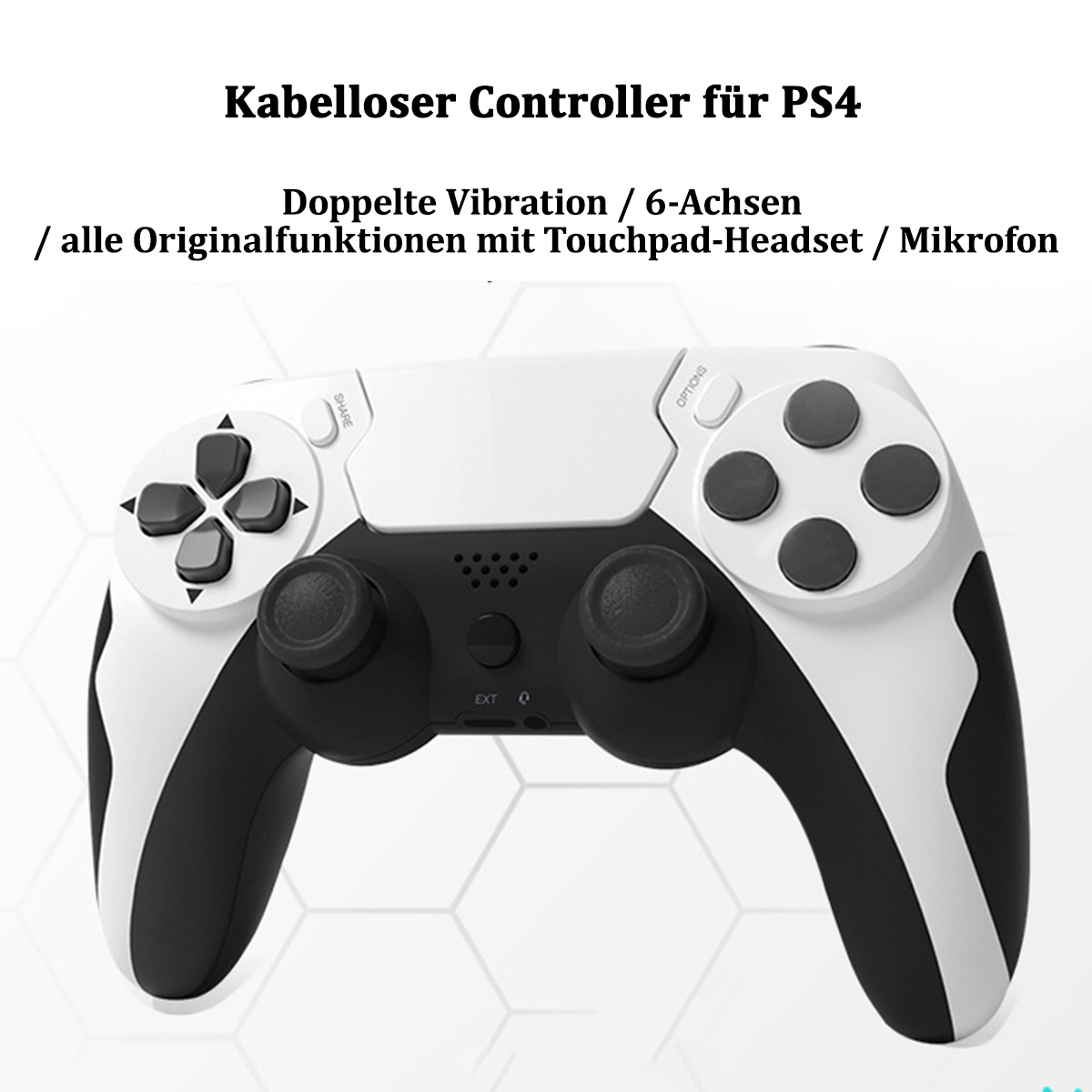 Un controller PS4 bianco e nero su sfondo bianco. Il testo in alto descrive il controller.
