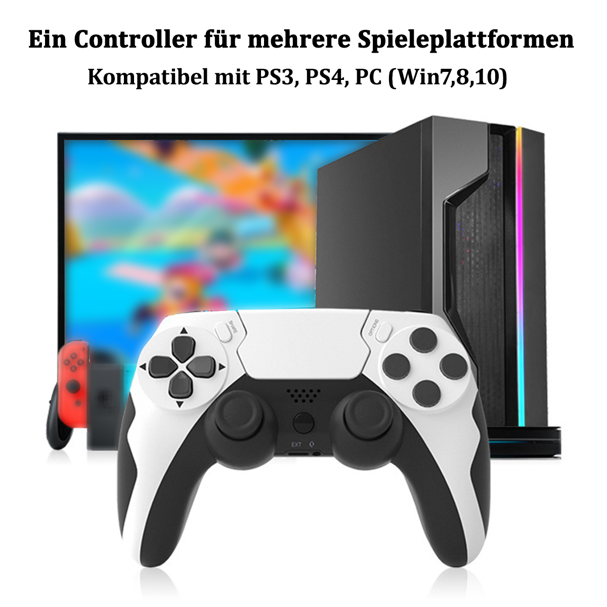 Un controller di gioco, bianco e nero, con una console e un PC sullo sfondo.