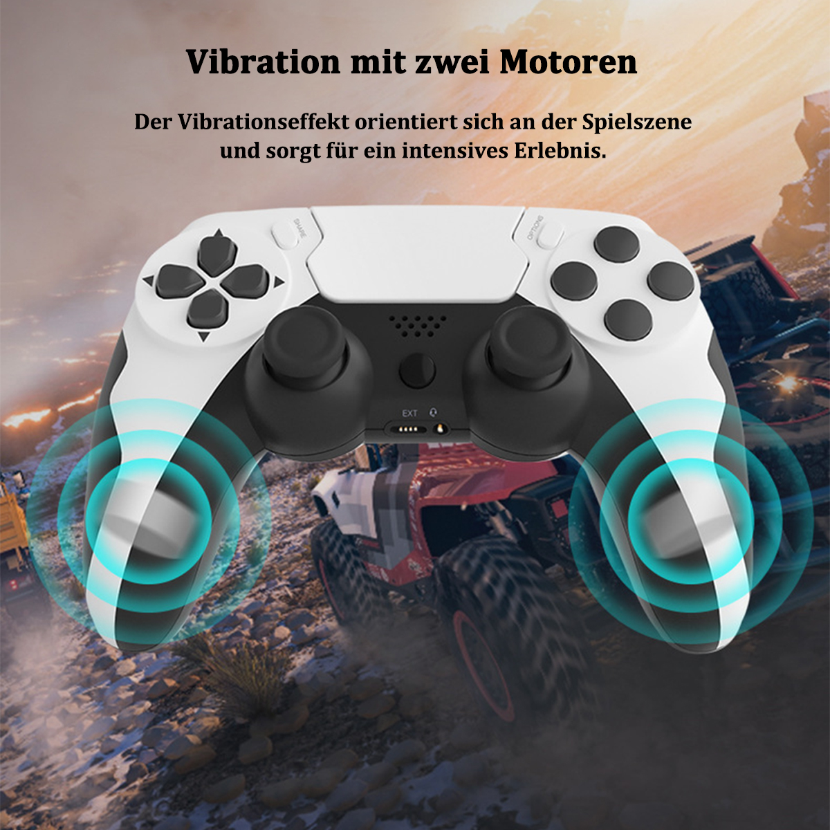 Controller di gioco bianco e nero con pulsanti neri e una scena di corsa sullo sfondo.