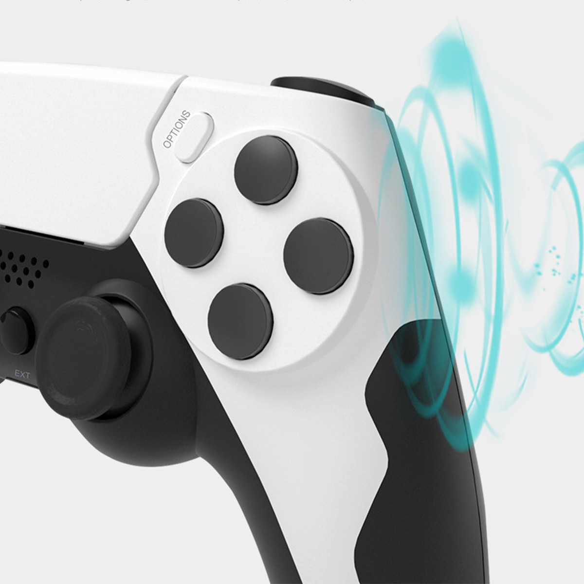 Primo piano di un controller di gioco bianco e nero con il pulsante delle opzioni visibile. Effetto luce blu.