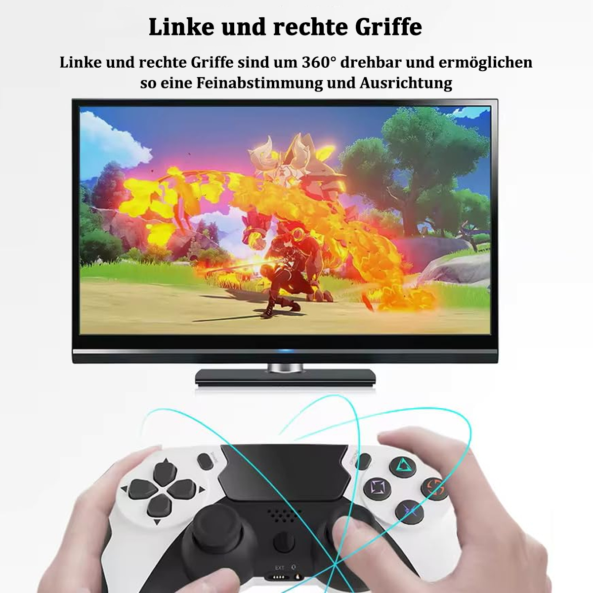 Mani che tengono un controller di gioco bianco, con una TV che mostra una scena di gioco.