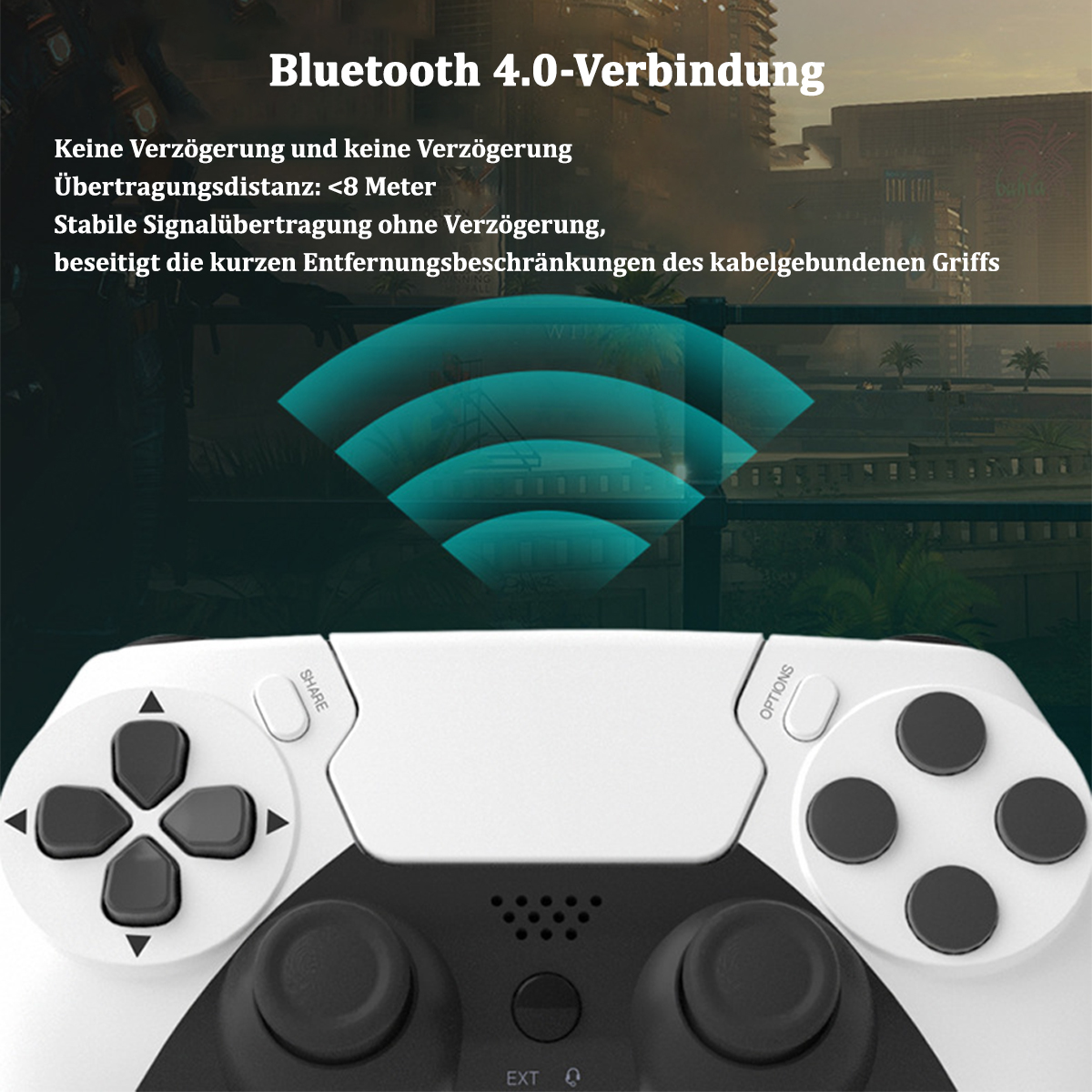Un controller di gioco bianco e nero con sfondo blu e testo sulla connessione Bluetooth.