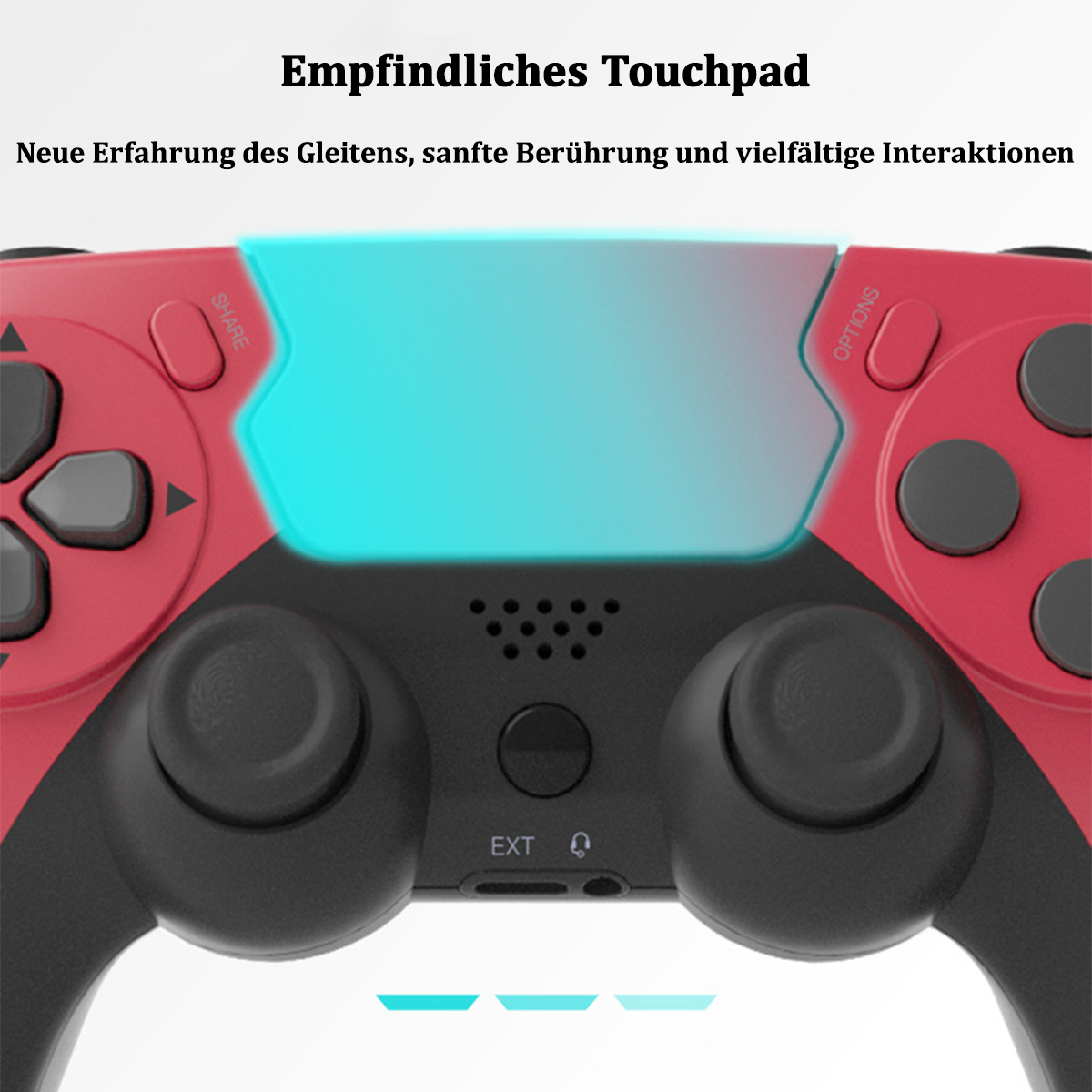 Un controller di gioco rosso e nero con touchpad azzurro e testo.