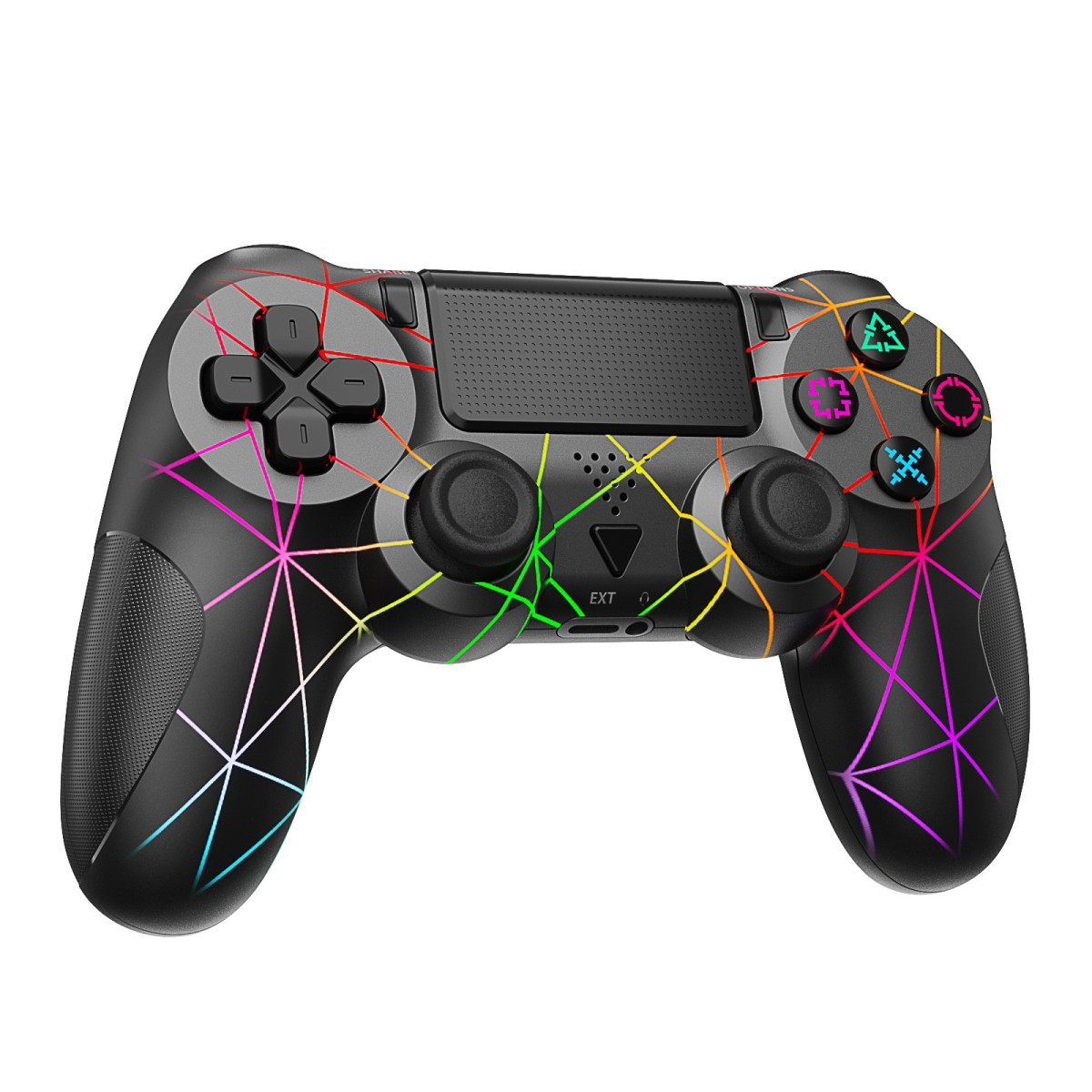 Ein schwarzer Gamecontroller mit farbenfrohen geometrischen Designs und Tasten.