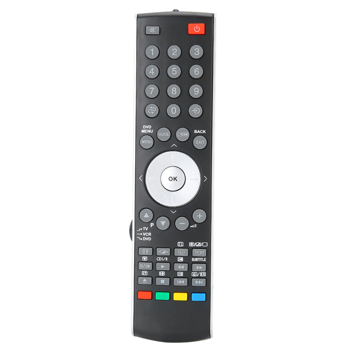 Schwarze TV-Fernbedienung mit vielen Tasten, einschließlich Zahlen und einer Ein-/Aus-Taste.