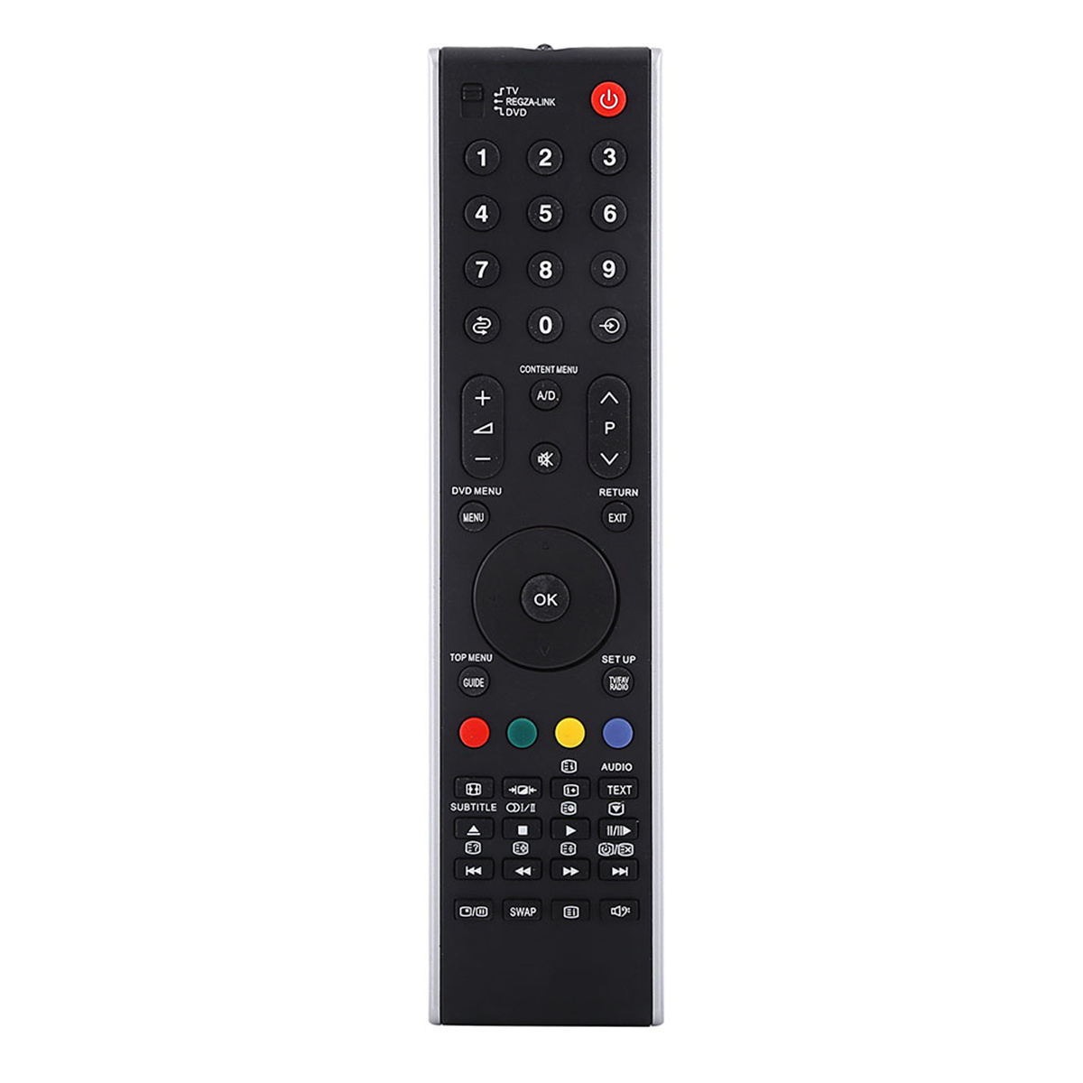 Schwarze Fernbedienung. Sie hat verschiedene Tasten für TV, DVD und andere Funktionen.