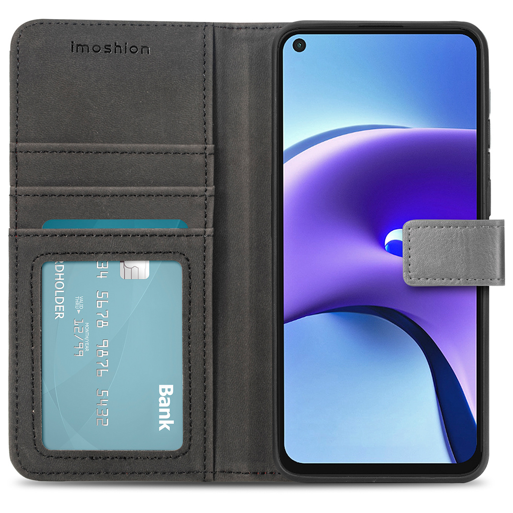 Open telefoonhoesje met blauwe kaart en telefoon. Grijze hoes met kaartsleuven.