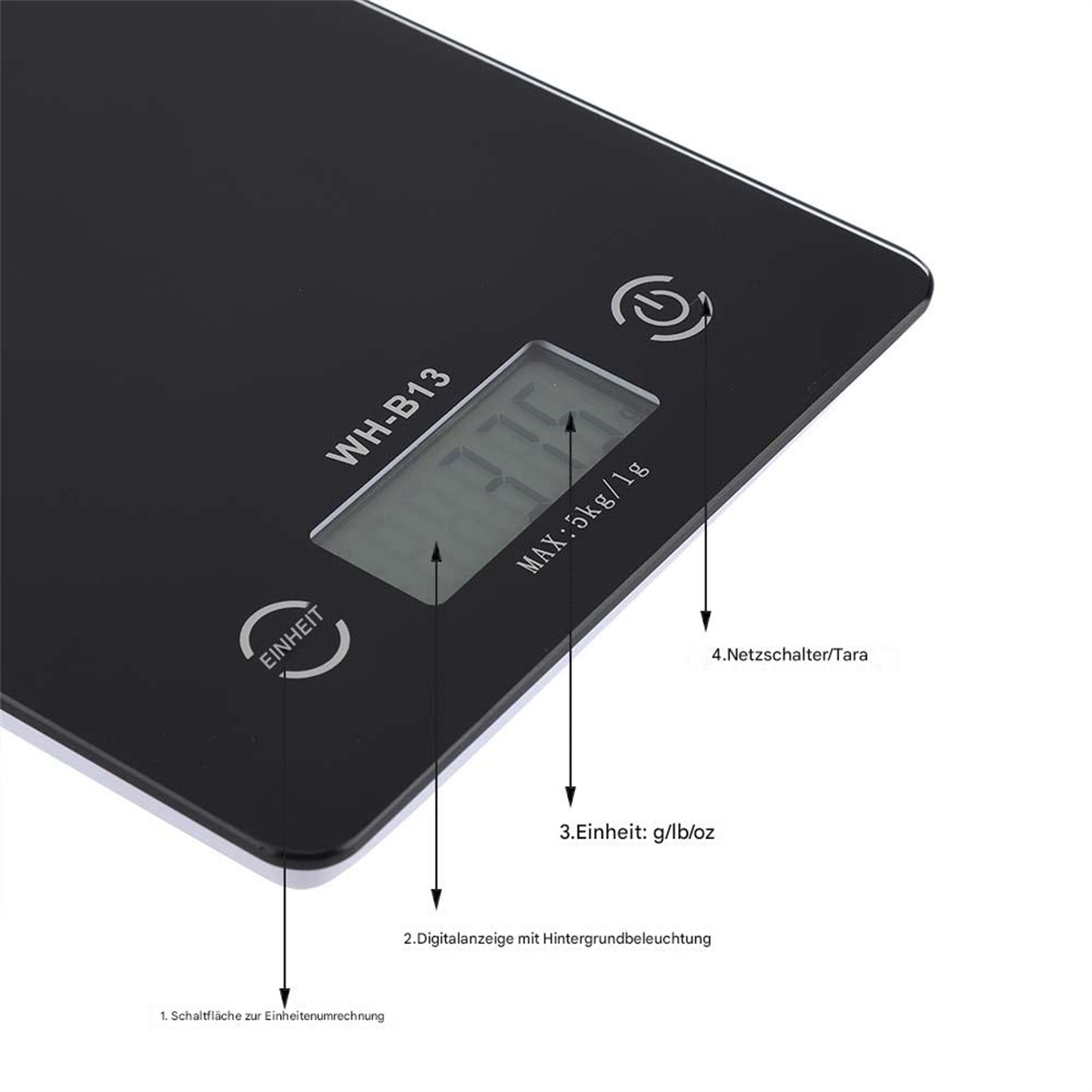 Eine schwarze Digitalwaage mit Anzeige, die Zahlen und beschriftete Tasten für Einheit und Tara zeigt.