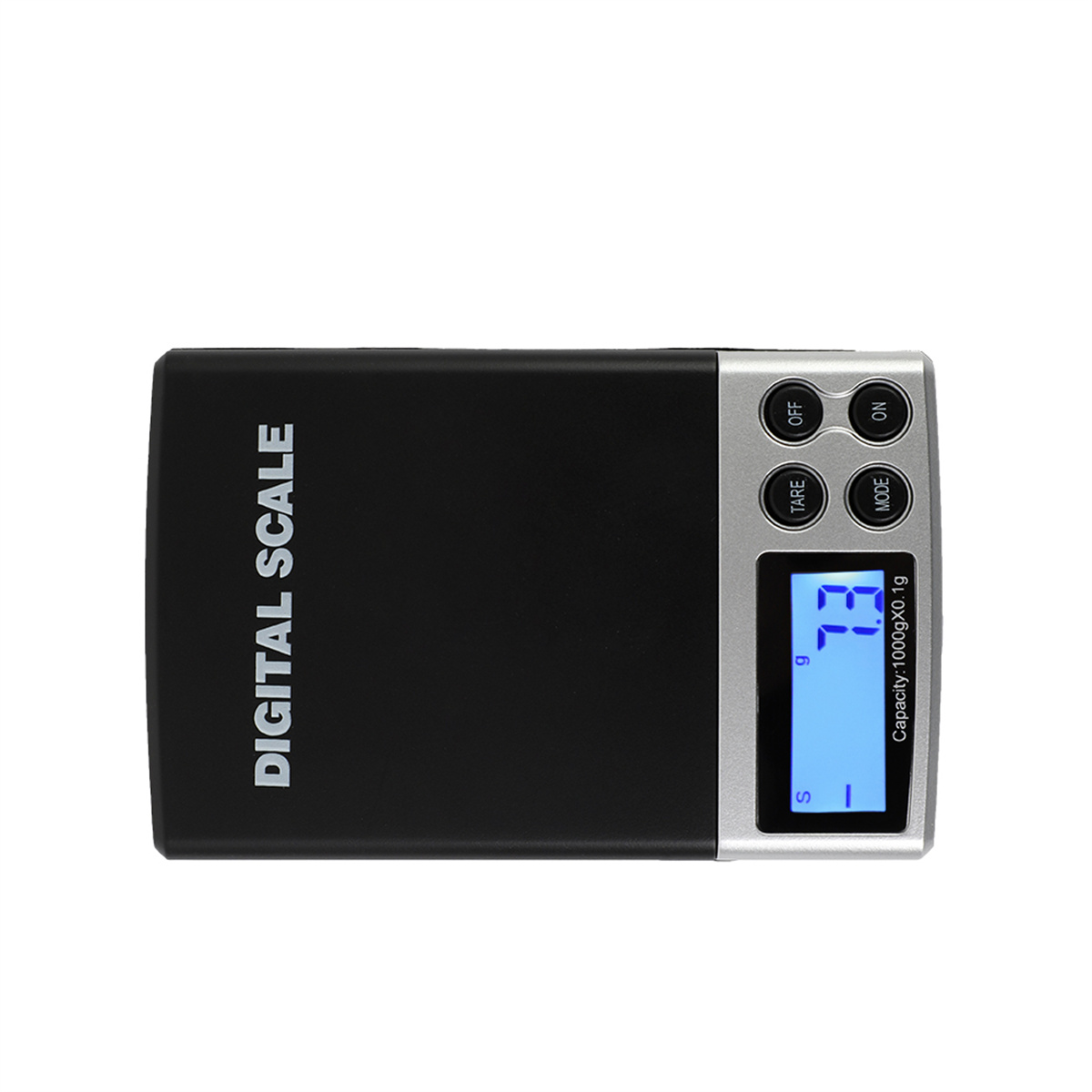 Schwarz-silberne Digitalwaage. Sie zeigt das Gewicht als 73 g an.