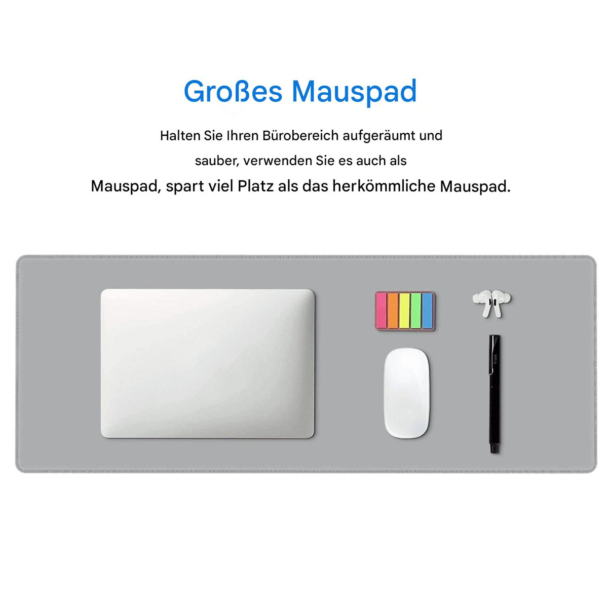 Graues Mauspad mit Laptop, Maus, Stift und Haftnotizen. Text auf Deutsch oben.