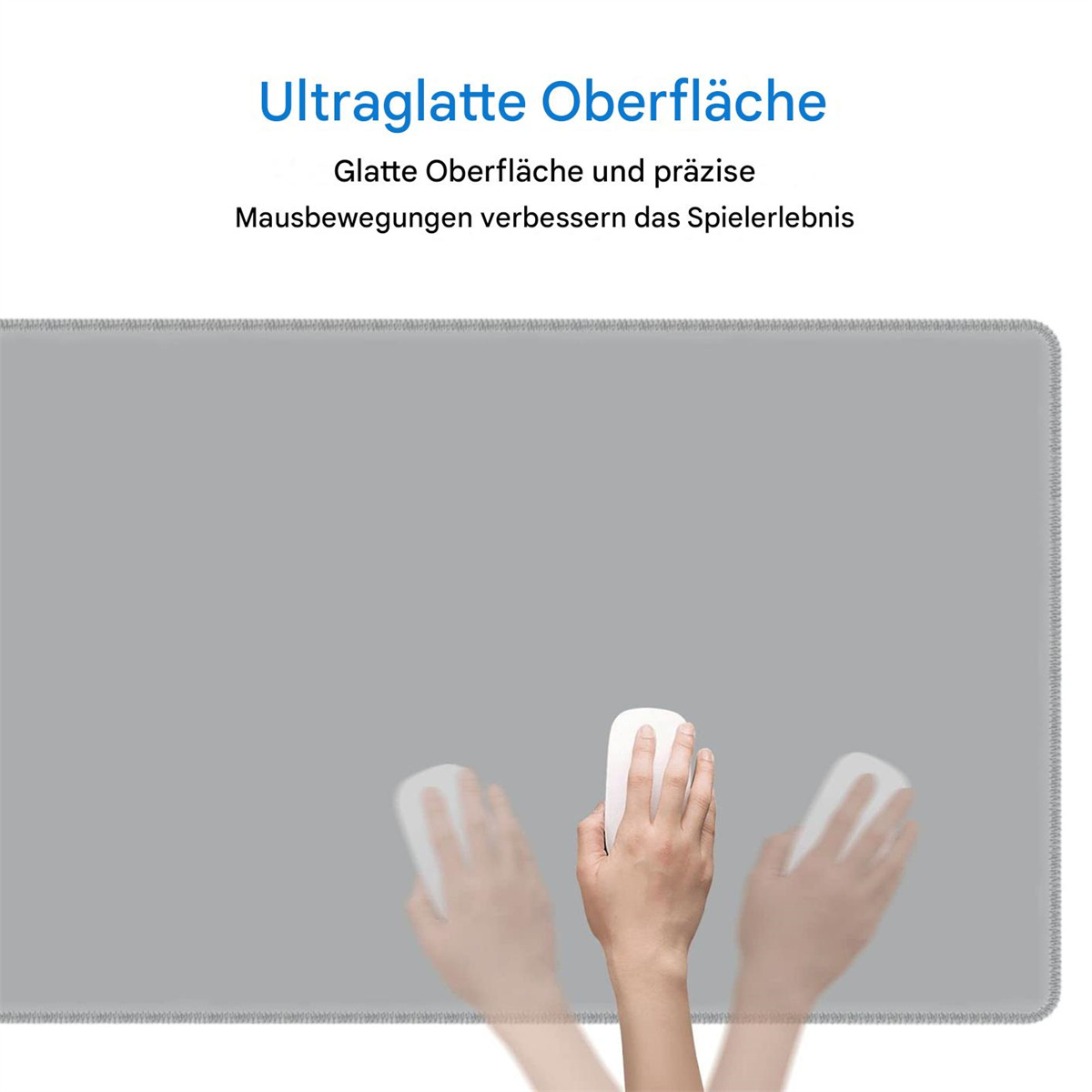 Ein graues Mousepad mit einer Hand, die eine weiße Maus benutzt. Der Text ist auf Deutsch geschrieben.