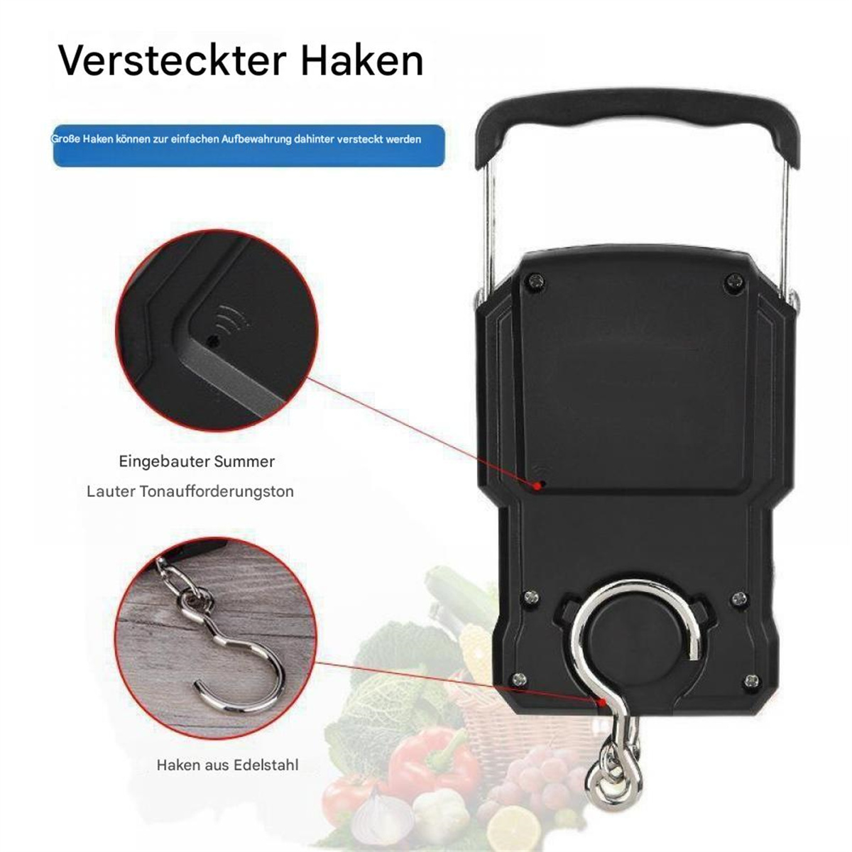 Eine schwarze Hängewaage mit Haken und digitaler Anzeige. Texte und Etiketten sind vorhanden.