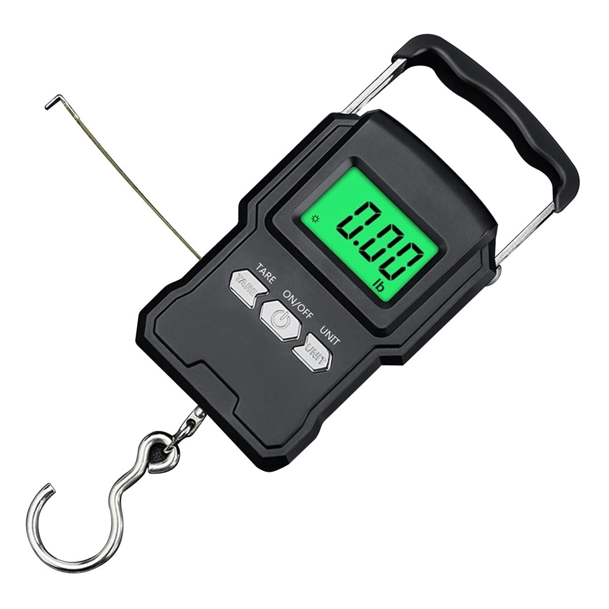 Eine schwarze digitale Hängewaage mit Haken und Griff. Die Anzeige zeigt '0.00 lb'.