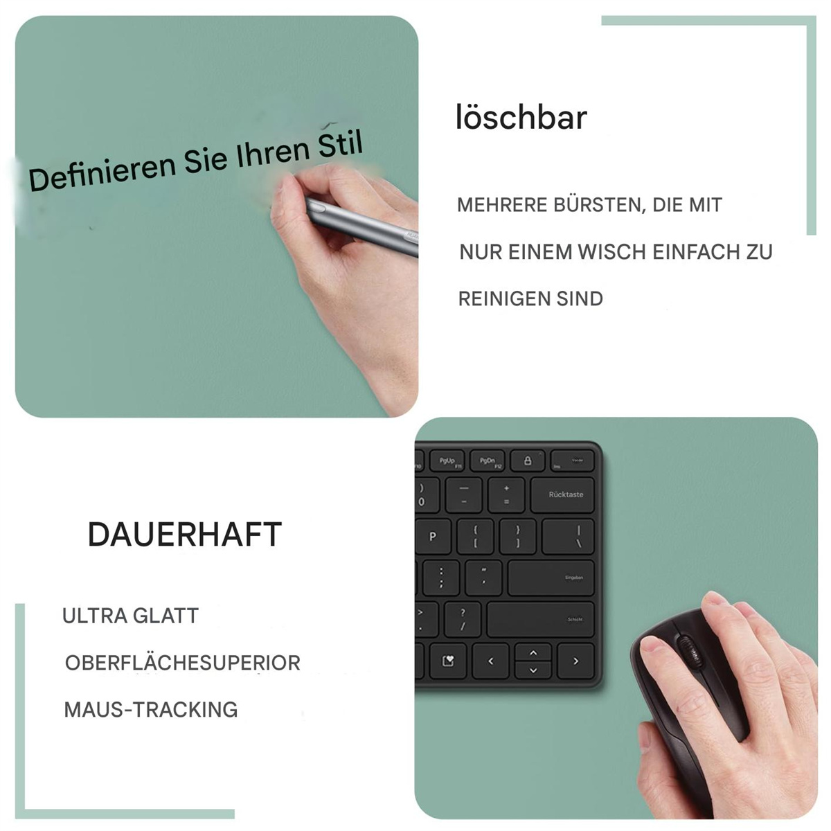 Hand schreibt auf grünes Pad. Schwarze Tastatur und Maus auf der rechten Seite.