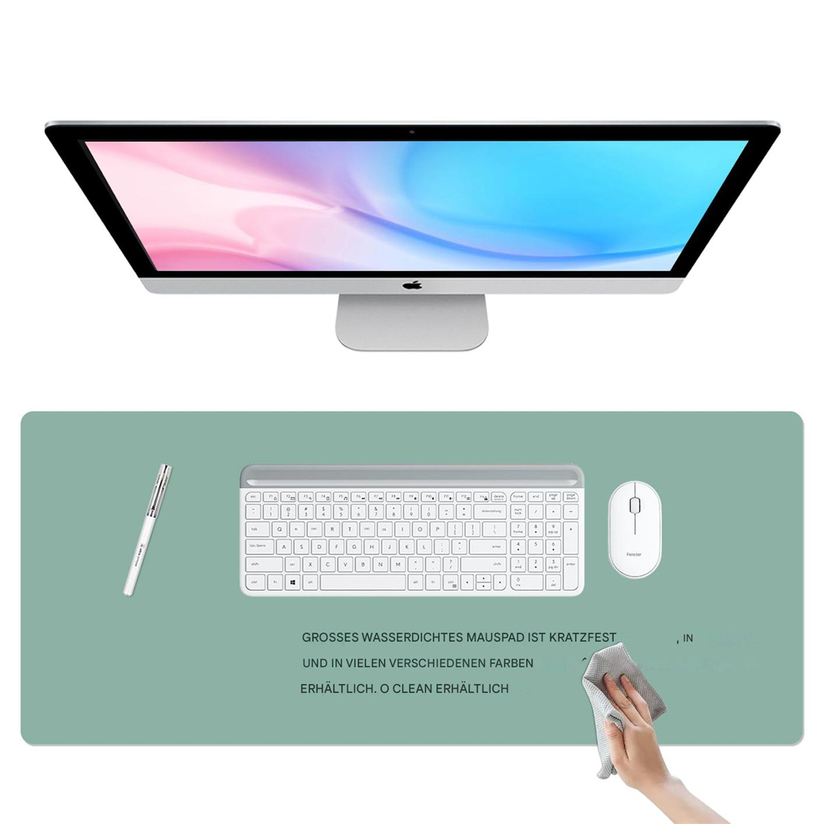 Ein Computermonitor steht auf einem Schreibtisch mit Tastatur, Maus und einem Mauspadd. Es ist eine Draufsicht.