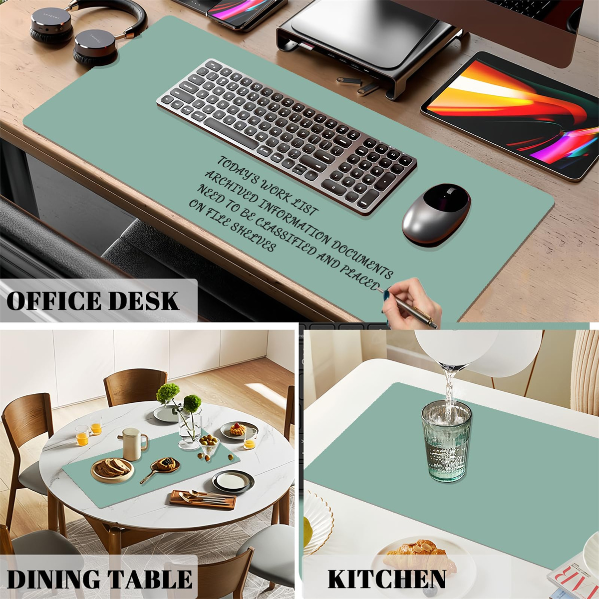 Schreibtisch-Setup. Eine Tastatur, Maus und Telefon liegen auf einer grünen Schreibtischunterlage. Eine Arbeitsliste ist darauf geschrieben.