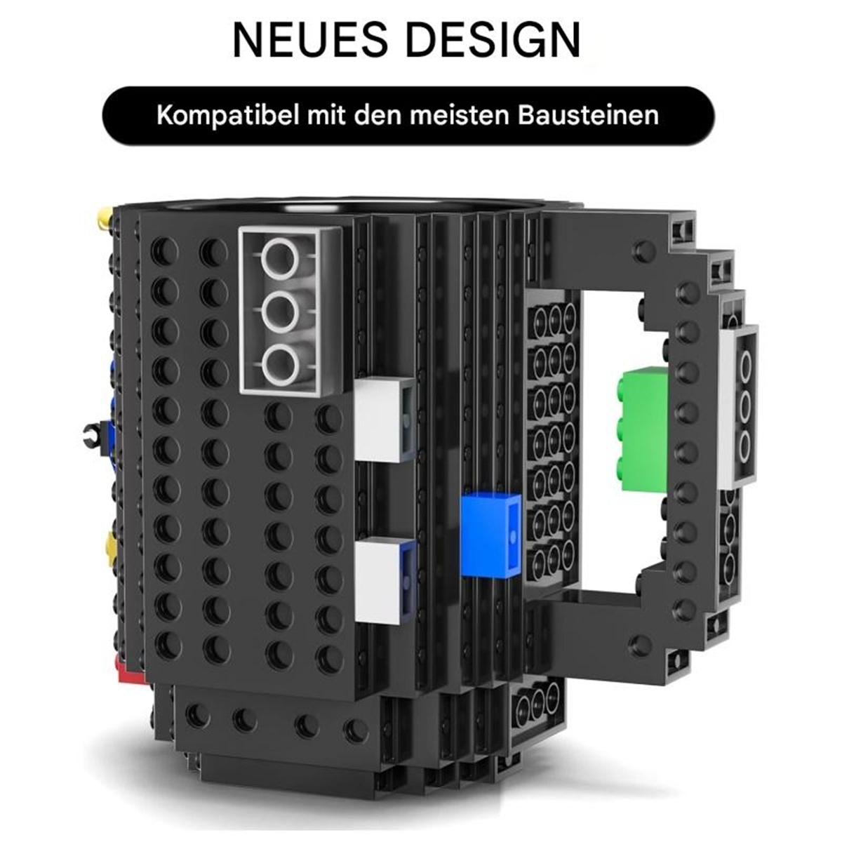 Ein schwarzer und grauer Bausteinbecher. Der Becher besteht aus Blöcken.