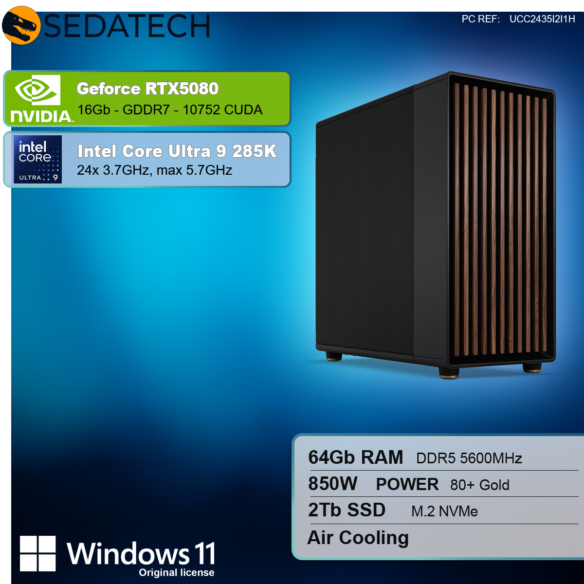 Un case per computer nero con dettagli sulla scheda grafica e testo.
