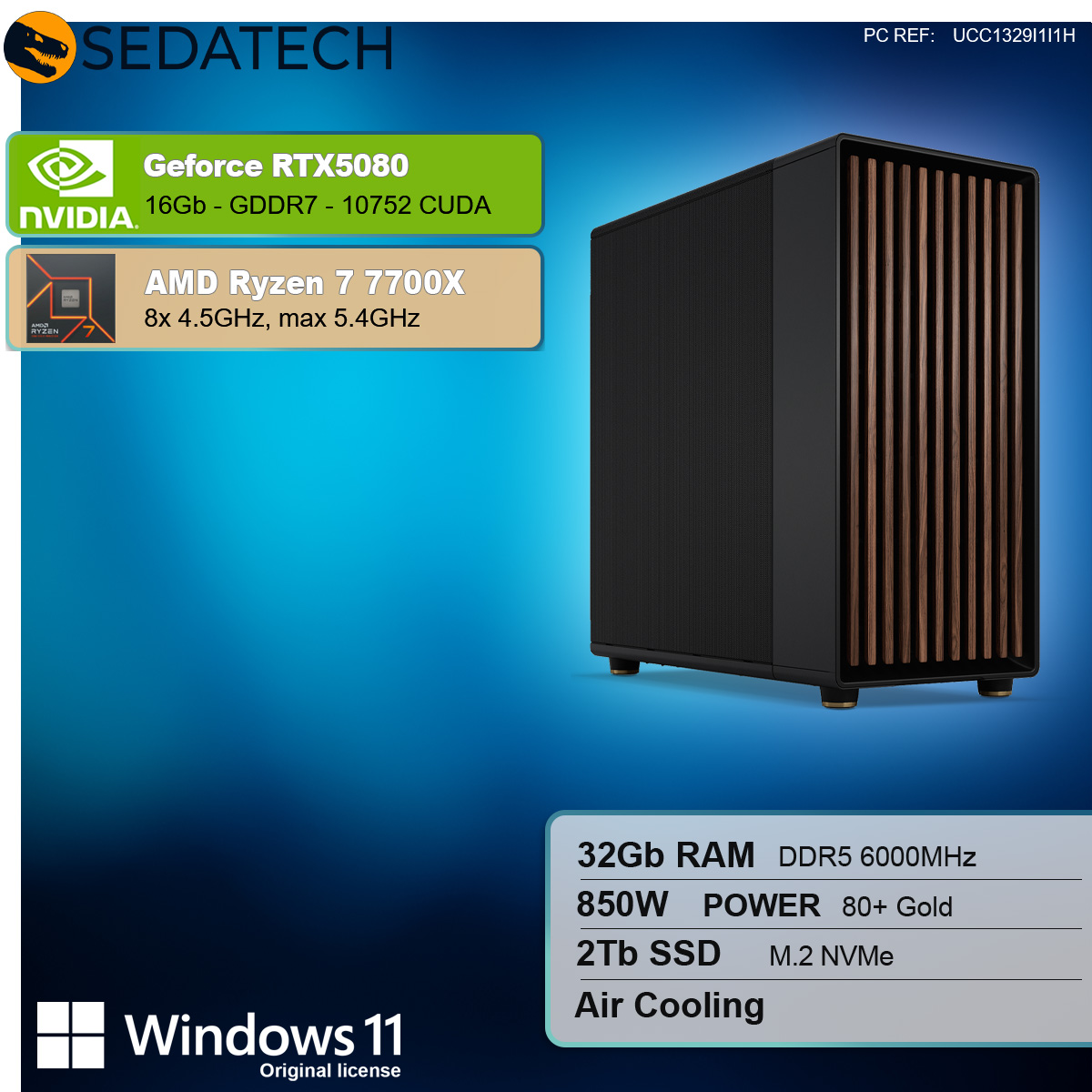 Ein schwarzes Computergehäuse mit braunen vertikalen Streifen und Infos zu Komponenten wie GPU und CPU.
