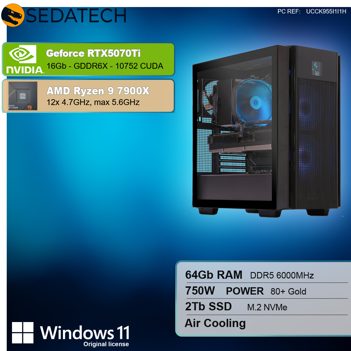 Gaming-PC mit Glas-Seitenwand. Spezifikationen sind auf der Seite abgebildet. Grafikkarten-Details vorhanden.