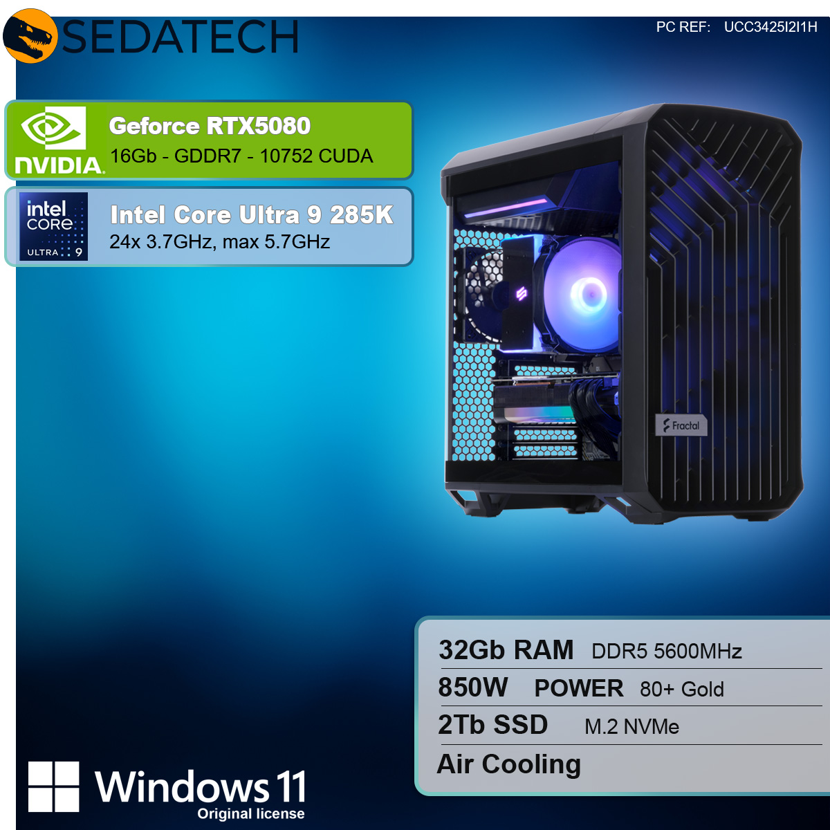 PC gaming con RTX 5080, Intel Core i9 285K, 32GB RAM. Etichette con informazioni di sistema.