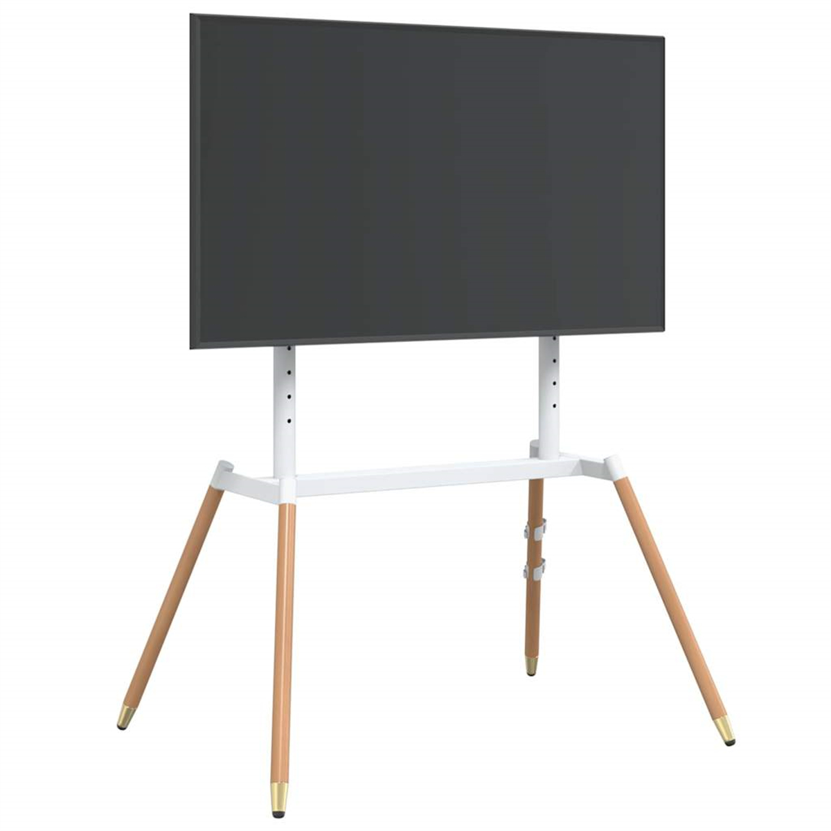 Ein Fernseher auf einem Stativ mit Holzbeinen, weißem Rahmen und einem schwarzen Bildschirm.