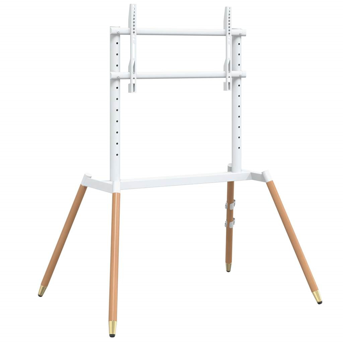 TV-Ständer mit Holzbeinen und weißem Rahmen. Höhenverstellbar, modernes Design.