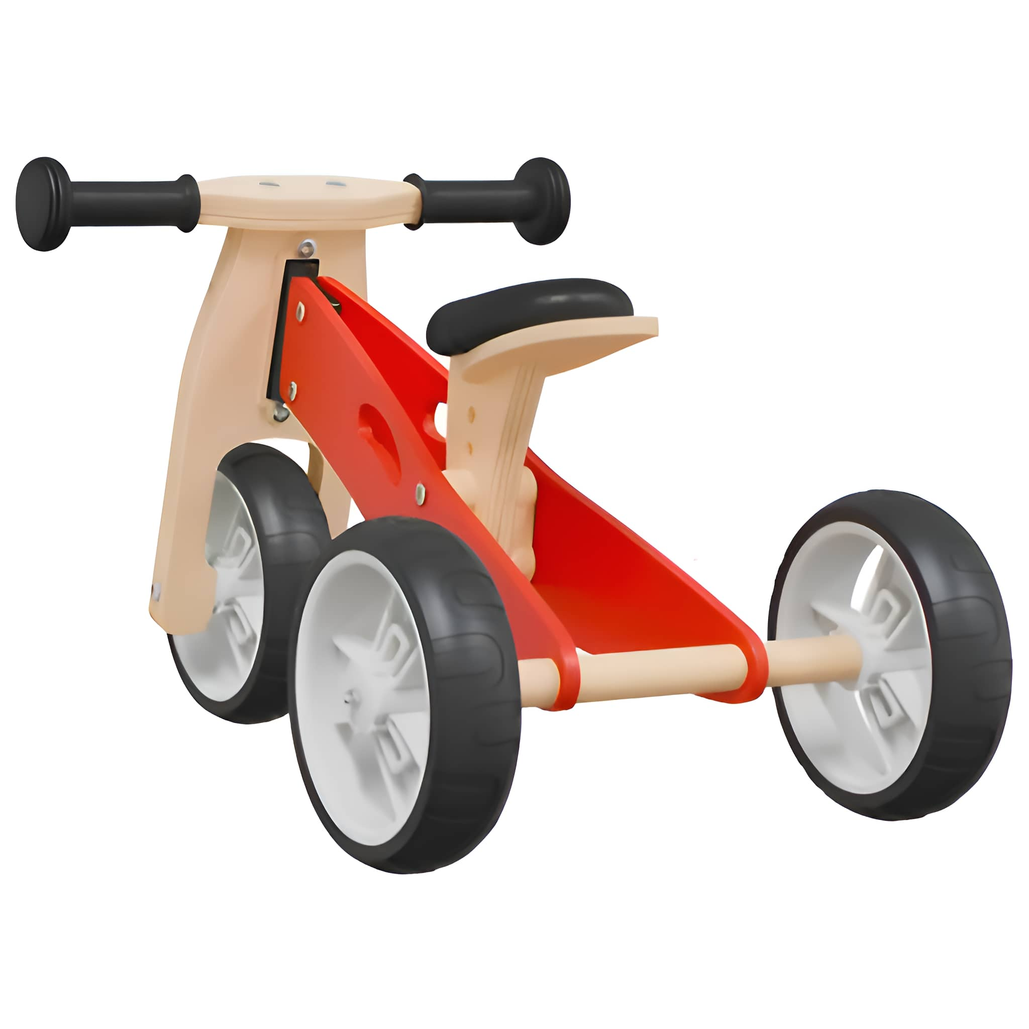 Rotes und beiges Holz-Dreirad mit schwarzen Lenkern und Sitz. Drei weiße Räder.