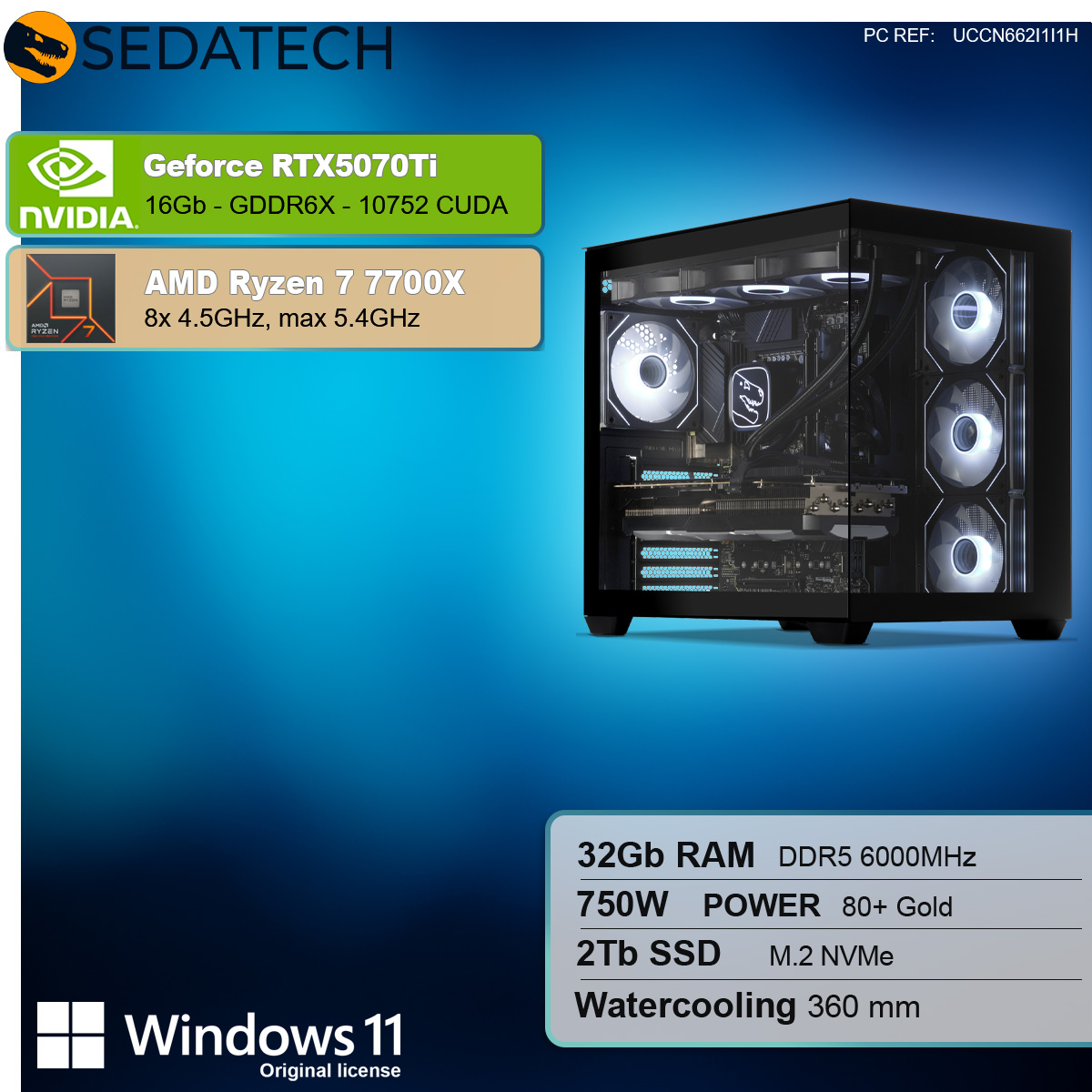 Un PC da gaming con case nero, pannello in vetro e luci LED. Informazioni sui componenti a sinistra.