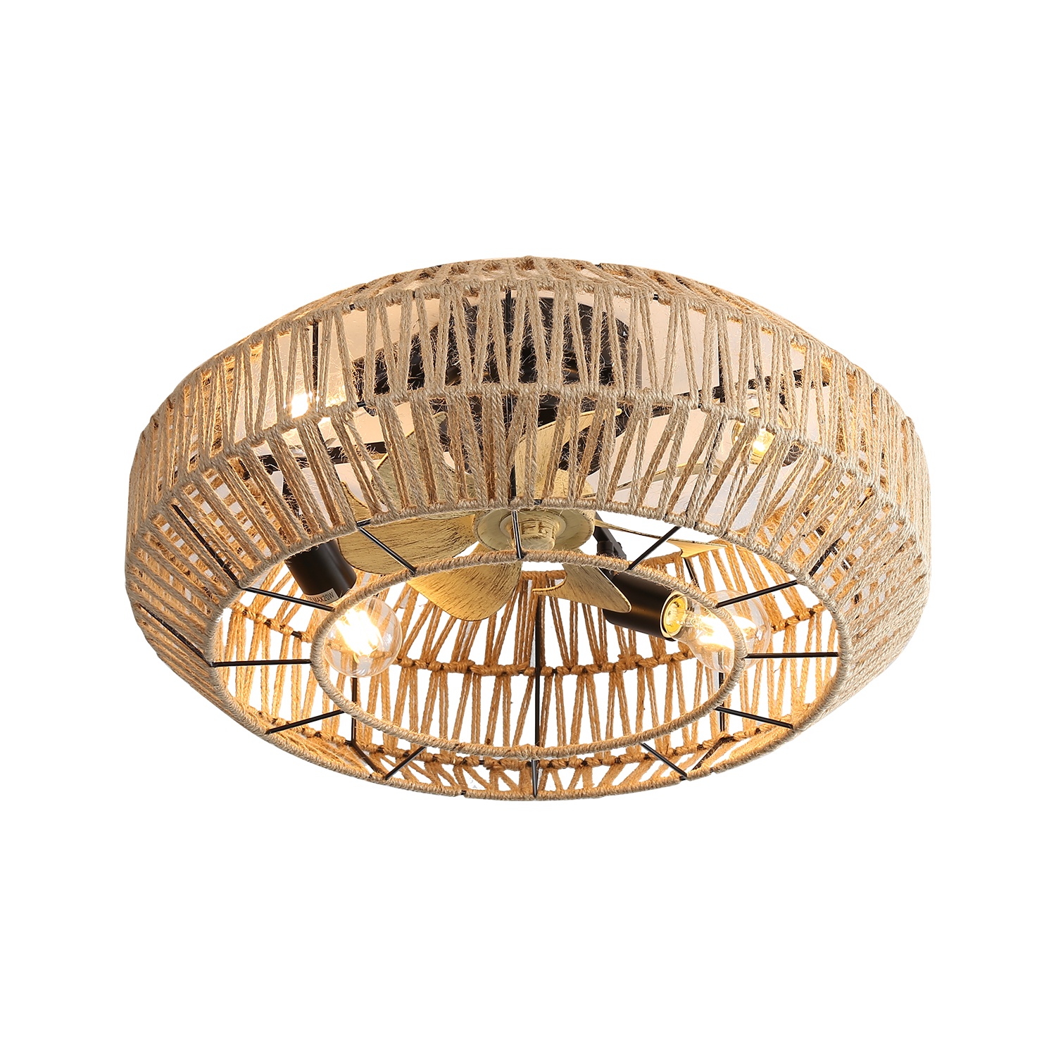 Ein Deckenventilator mit einem geflochtenen Seildesign um die Basis. Der Ventilator steht vor weißem Hintergrund.