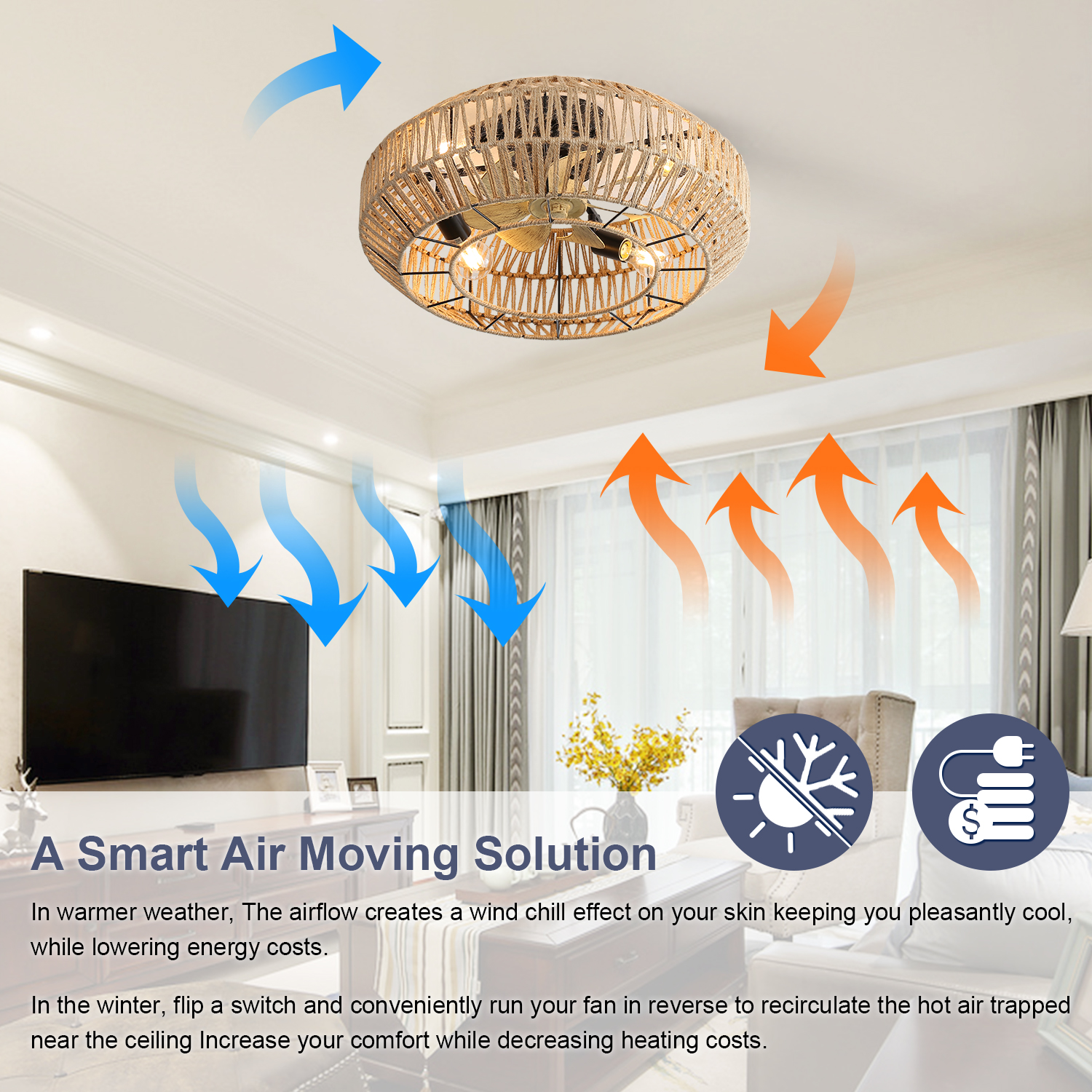 Deckenventilator und Text über eine intelligente Luftbewegungslösung, mit Pfeilen.
