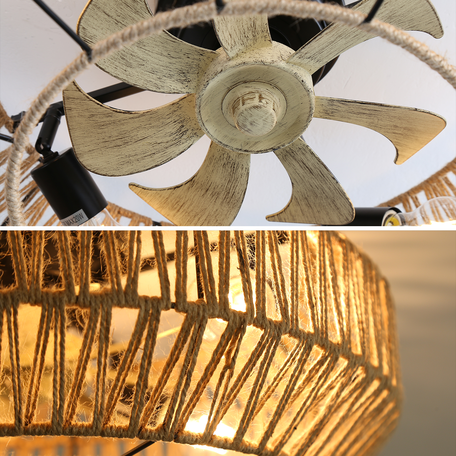 Deckenventilator und Seildetail. Cremefarbene Lüfterflügel, schwarze Struktur und gewebte Seilbeleuchtung.