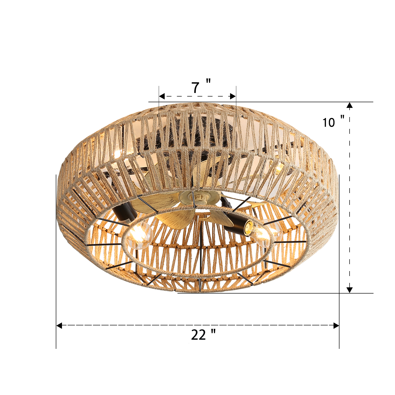 Seilumwickelter Deckenventilator mit Maßen, in neutraler Farbe.